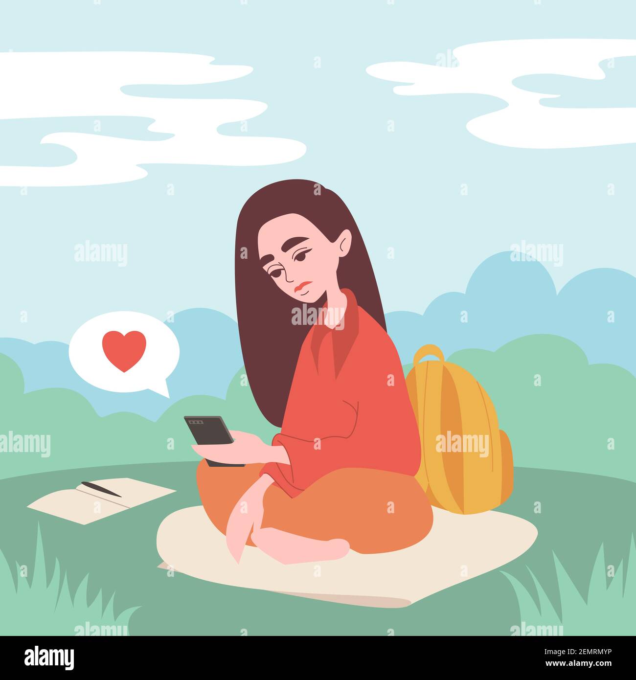 Woman with phone illustration concept. Girl Browsing Internet, Chatting, Blogging. Young girls using phone, sitting legs crossed. Stock Vector