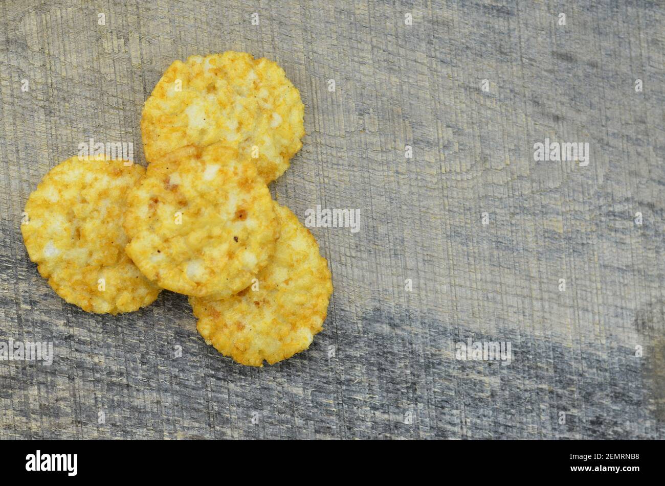 Crunchy rice cookie with few calories. On wood texture. Stock Photo
