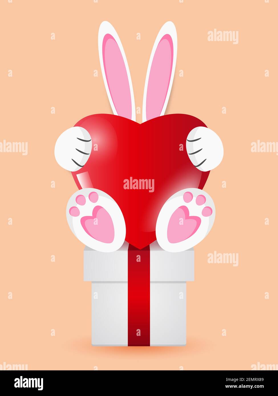 Cute bunny, rabbit with pink heart sitting on gift box. Vector