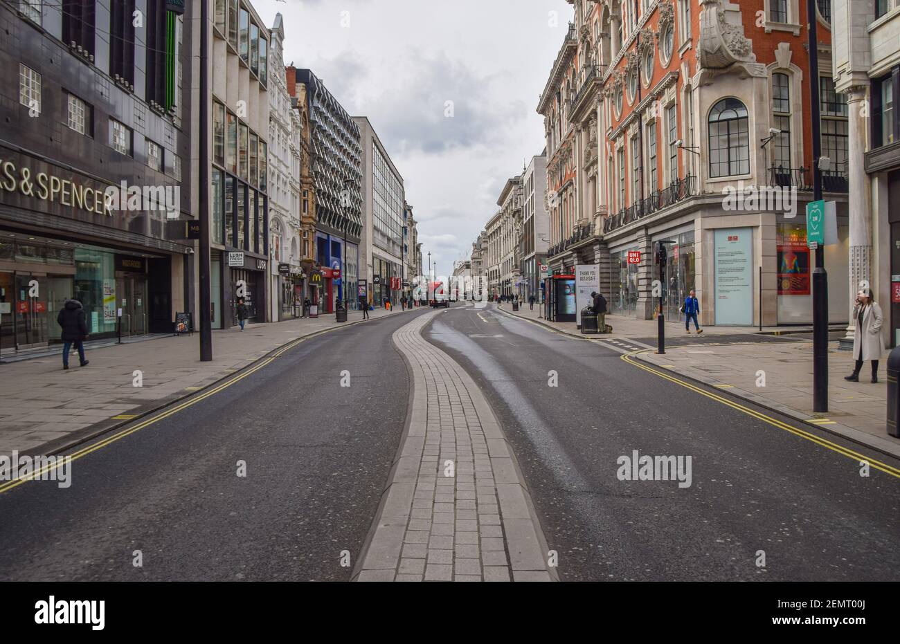 View of a quiet Oxford Street during the third national lockdown. London, United Kingdom February 2021. Stock Photo