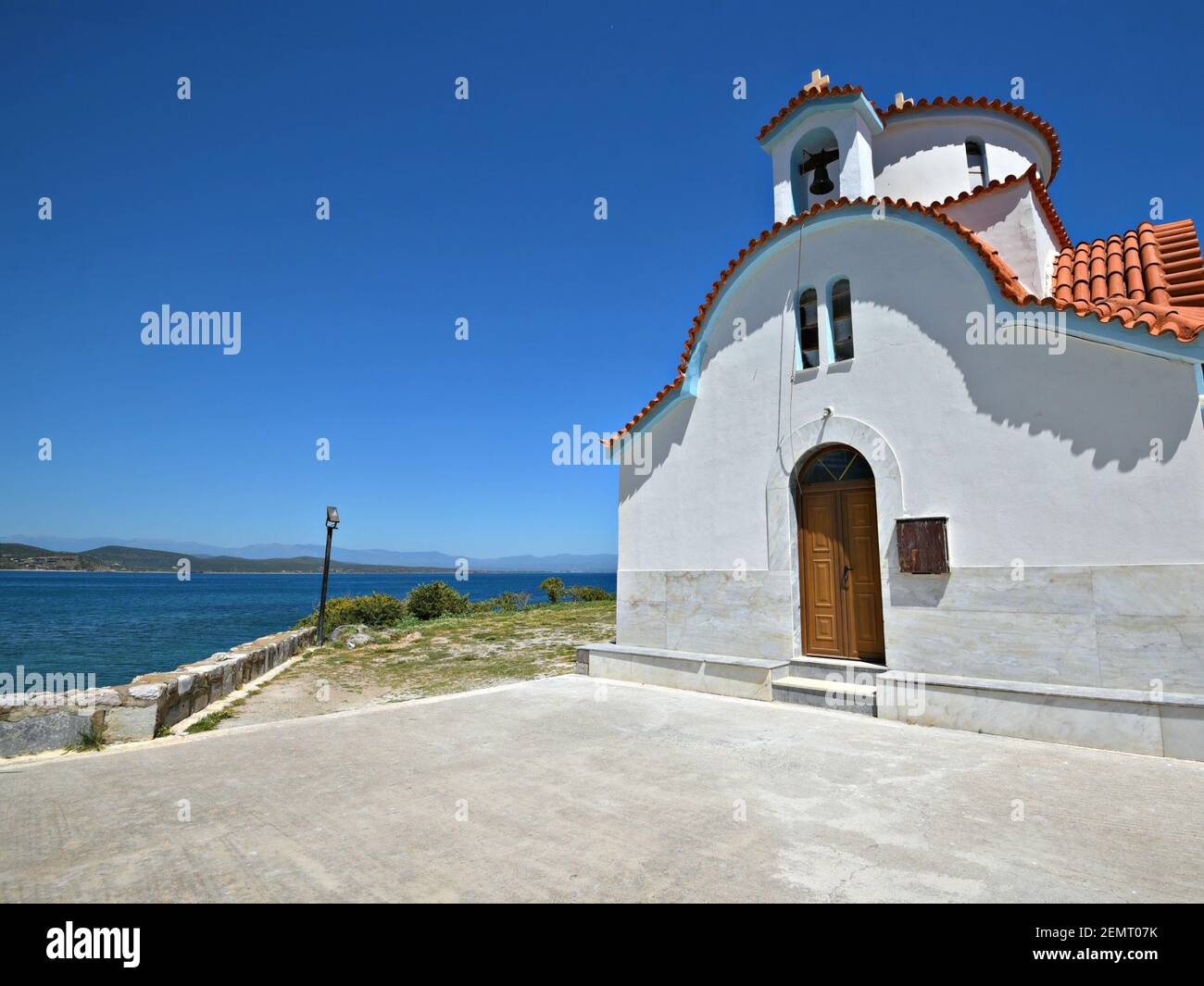 Landscape with panoramic view of Saint Peter and Paul, a picturesque Byzantine Greek Orthodox chapel in Gytheio, Laconia Greece. Stock Photo