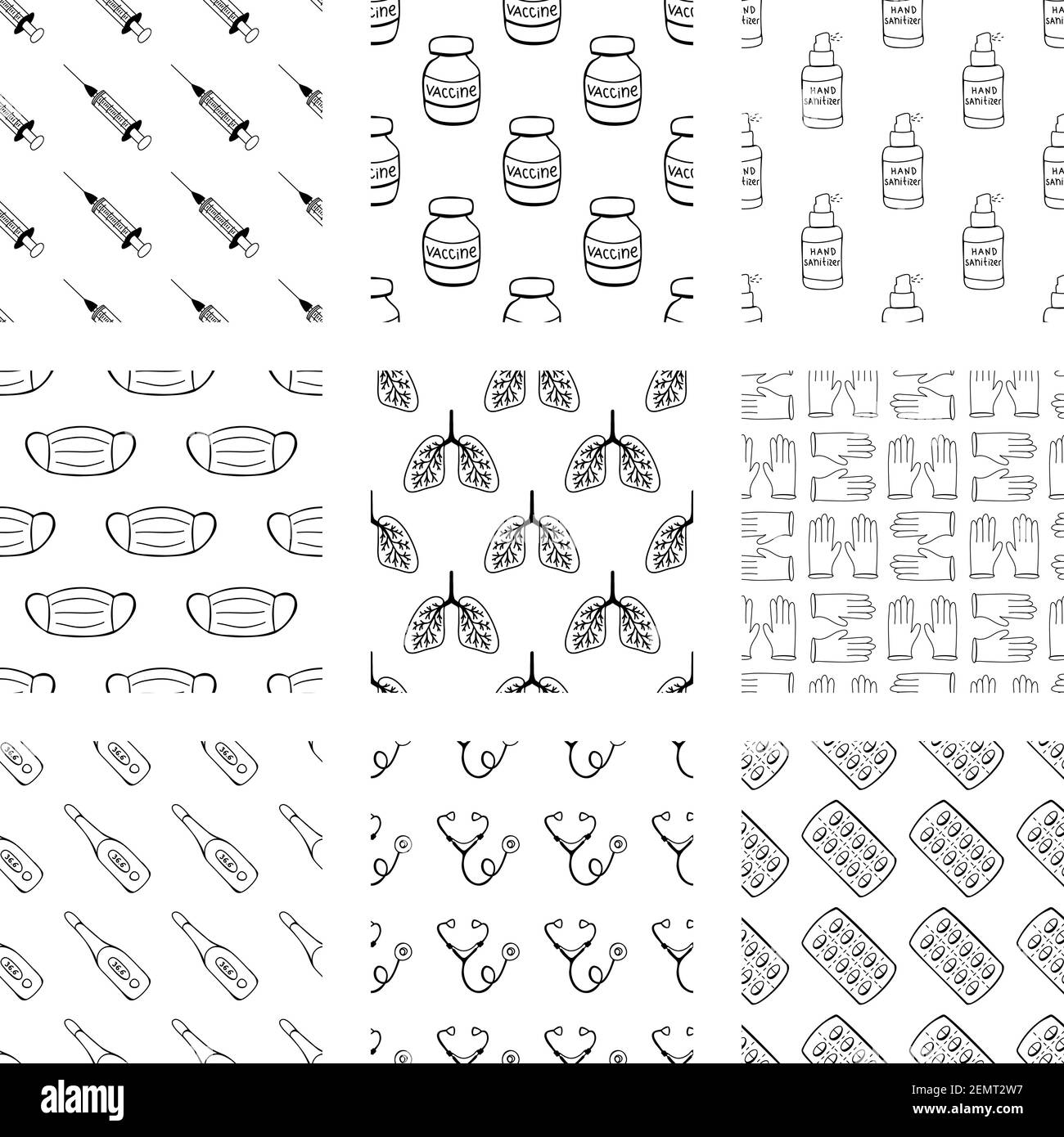 Medical set of seamless patterns from handdrawn doodle elements. Stock Vector