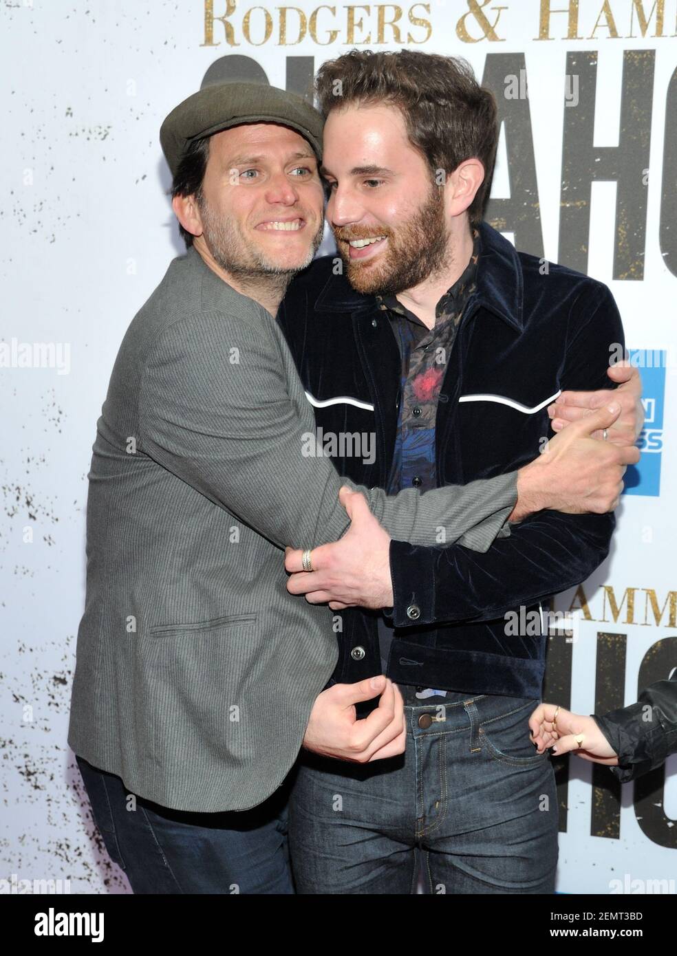 L-R: Actors Steven Pasquale and Ben Platt attend the opening performance of Oklahoma! at the Circle in the Square Theatre in New York, NY on April 7, 2019. (Photo by Stephen Smith/SIPA USA) Stock Photo