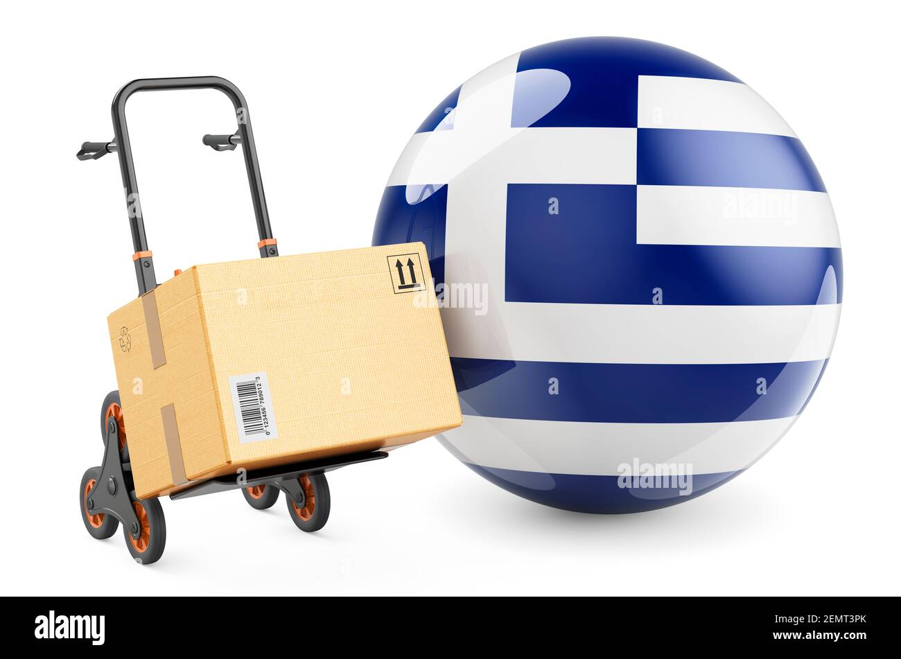 Parcel on the hand truck with Greek flag. Shipping in Greece, concept. 3D rendering isolated on white background Stock Photo