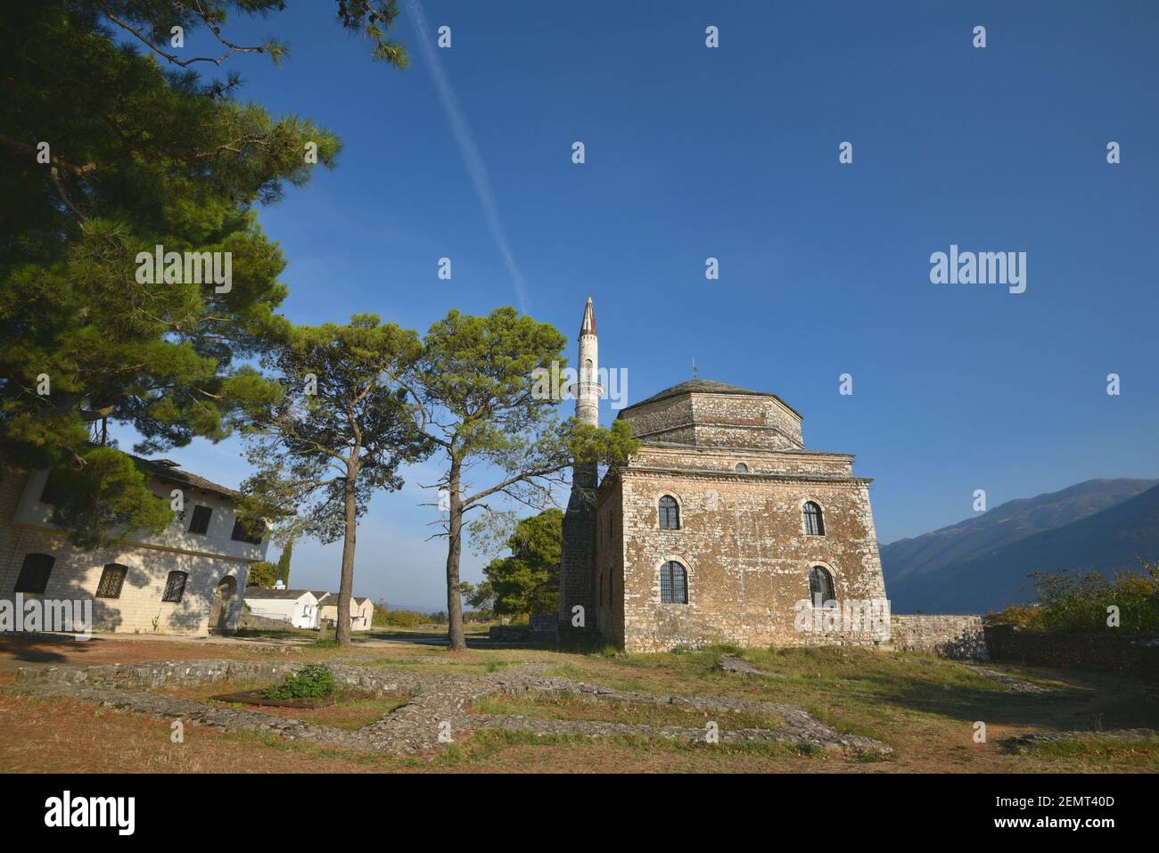 Landscape with panoramic view of the Ottoman style Fethiye Mosque a historic landmark of Ioannina in Epirus, Greece. Stock Photo