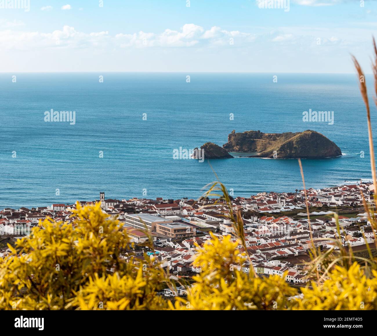 View over Vila Franca do Campo, Sao Miguel island, Azores travel destination. Stock Photo