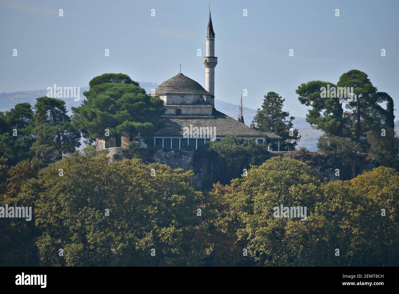 Landscape with panoramic view of the Ottoman Fethiye Mosque on Pamvotis Lake in Ioannina, Epirus, Greece. Stock Photo