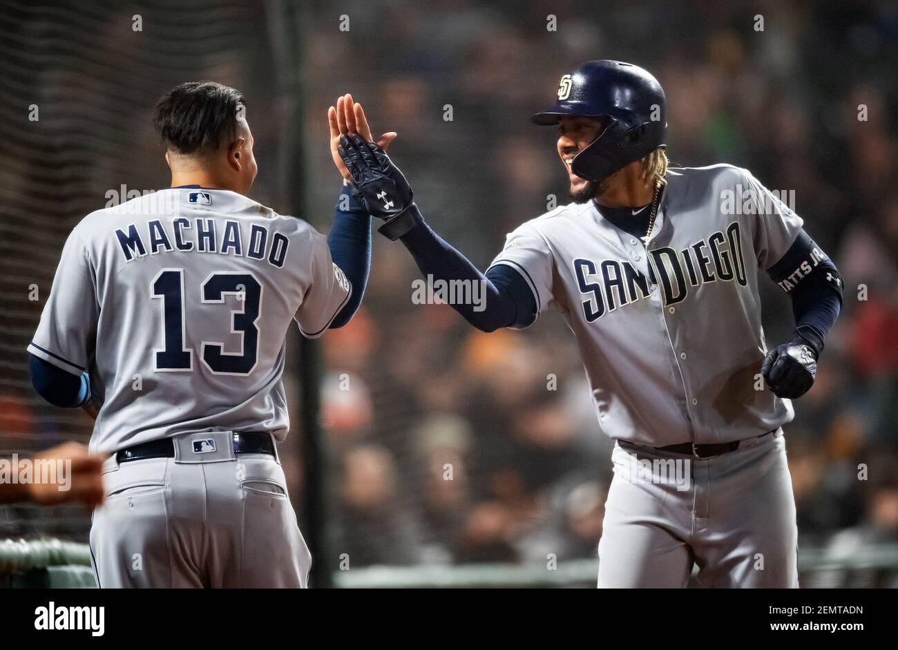 April 08, 2019: San Diego Padres left fielder Wil Myers (4) celebrates a  home run, during a MLB game between the San Diego Padres and the San  Francisco Giants at Oracle Park