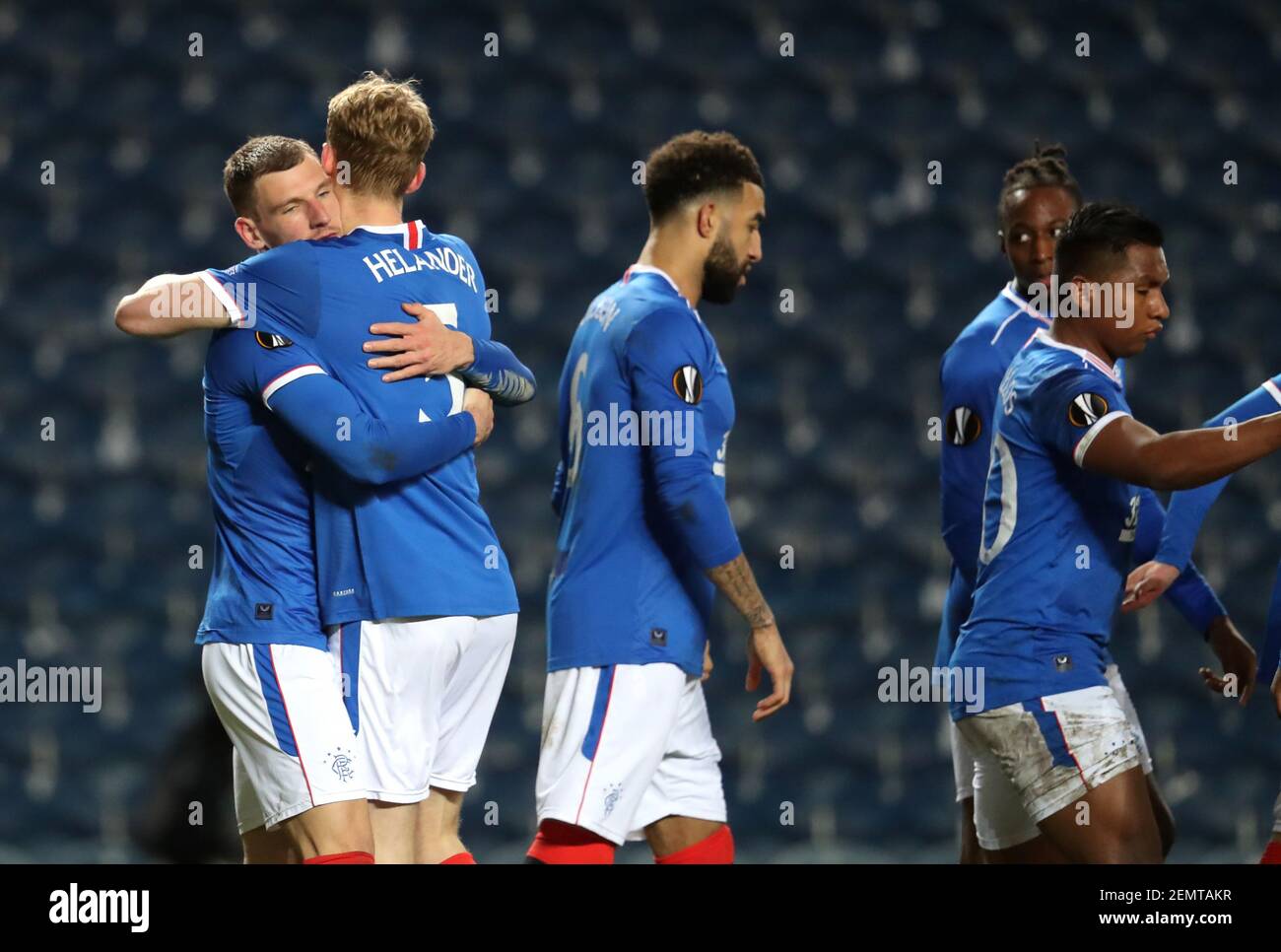 Rangers' Borna Barisic celebrates scoring their side's fourth goal of the game during the UEFA Europa League match at the Ibrox Stadium, Glasgow. Picture date: Thursday February 25, 2021. Stock Photo