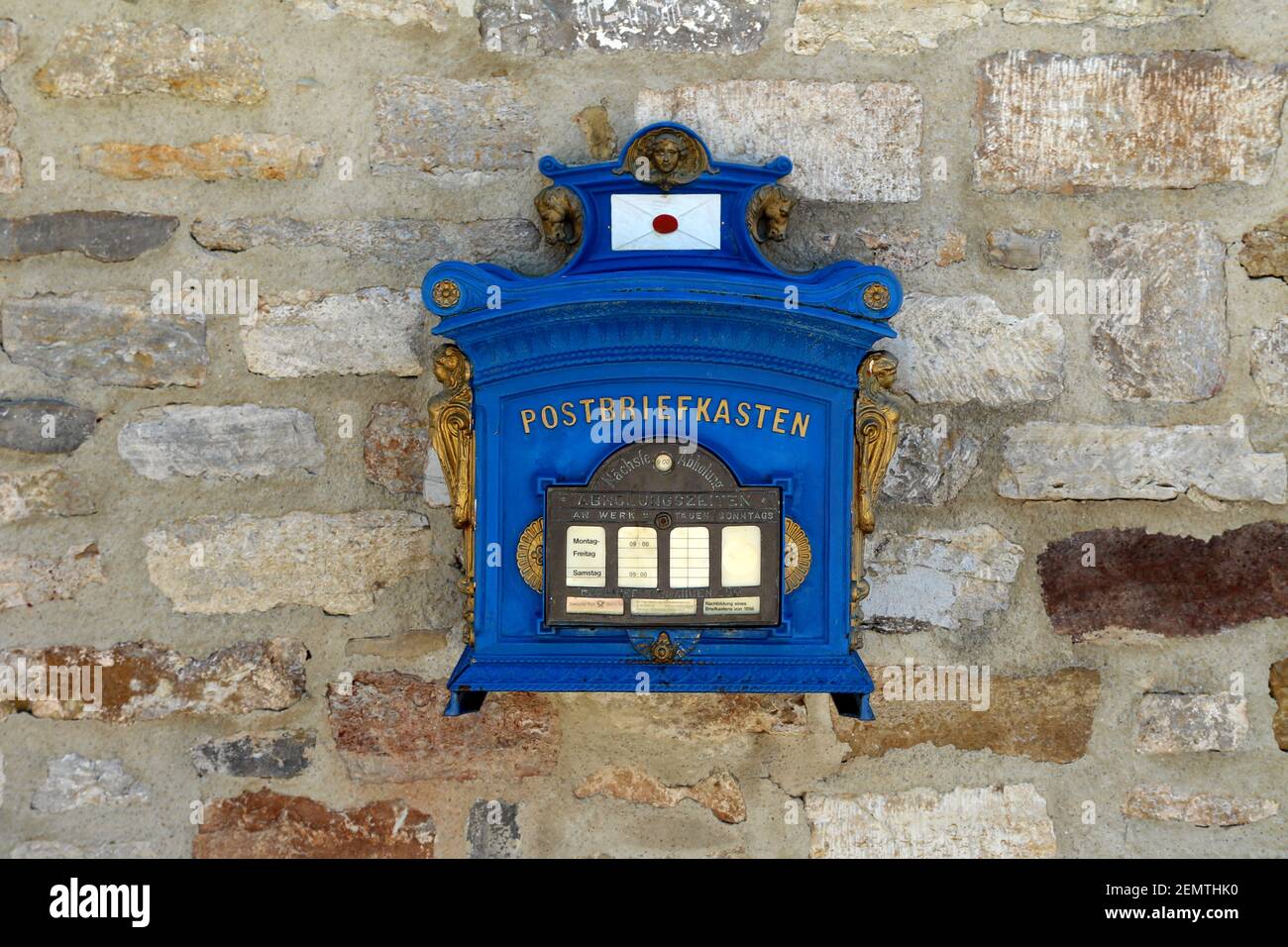 Old German blue mail box hanging on the wall in the Petersberg Citadel  Stock Photo - Alamy