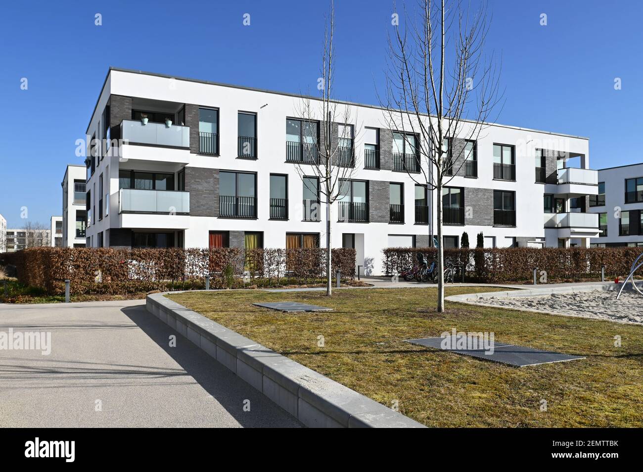 Munich, Germany. 25th Feb, 2021. Ready-to-move new apartments in the  Messestadt Riem district of Munich. Construction industry, new building,  building, complex, real estate, residential construction, rental apartment,  rent, building boom, apartment ...