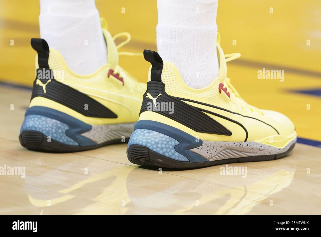 April 13, 2019; Oakland, CA, USA; Detail view of Puma shoes worn by Golden  State Warriors center DeMarcus Cousins (0) during the first quarter in game  one of the first round of