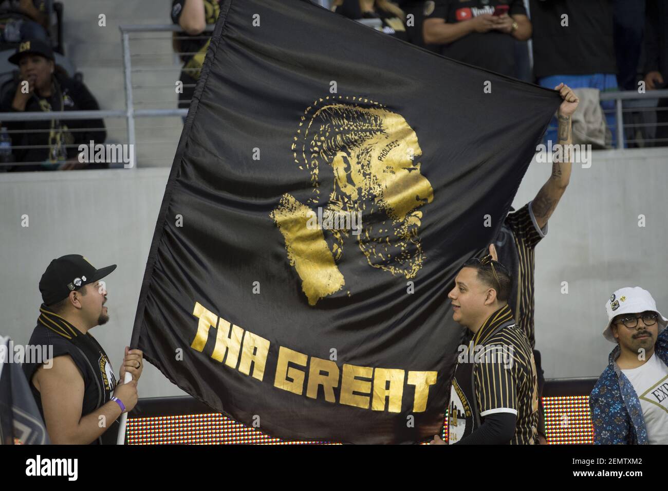 Apr 13, 2019; Los Angeles, CA, USA; Fans hold sides for Nipsey Hussle prior to the game between the Los Angeles FC and FC Cinncinati at Banc of California Stadium. Mandatory Credit: Kelvin Kuo-USA TODAY Sports/Sipa USA Stock Photo