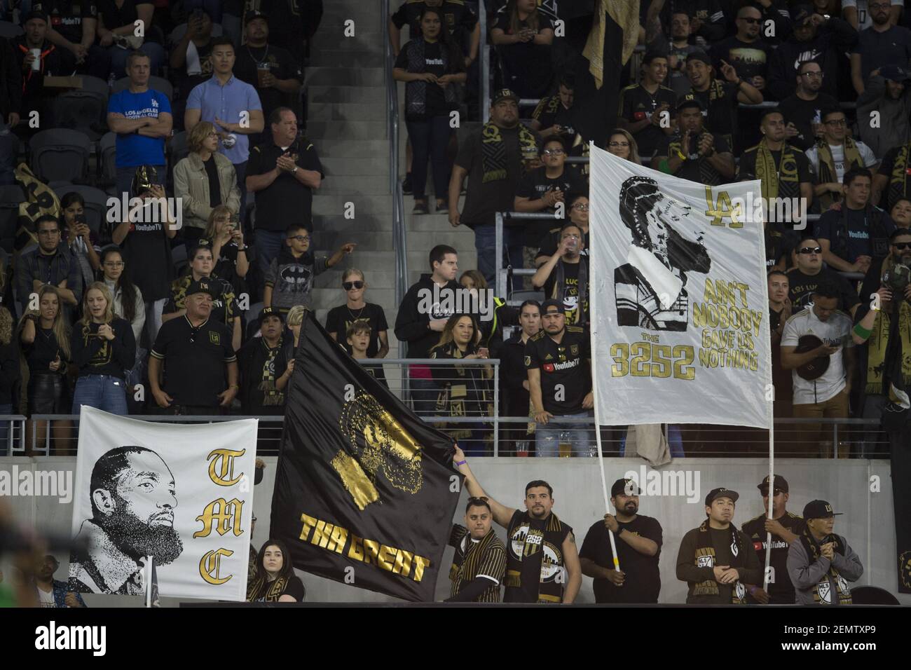Apr 13, 2019; Los Angeles, CA, USA; The Los Angeles FC stand for a moment of silence for Nipsey Hussle prior to the game against the FC Cinncinati at Banc of California Stadium. Mandatory Credit: Kelvin Kuo-USA TODAY Sports/Sipa USA Stock Photo