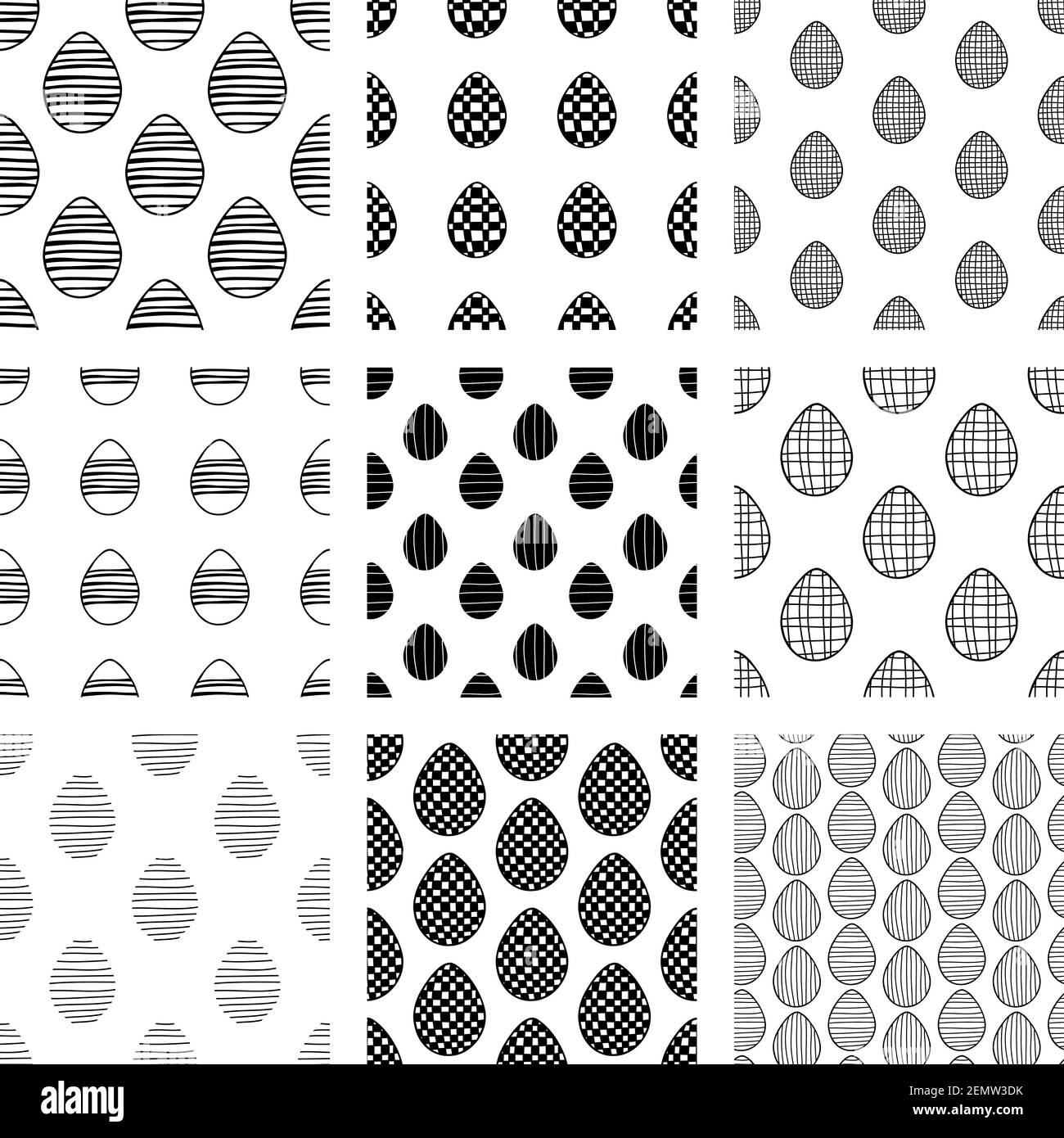 Easter set of seamless patterns from hand drawn doodle eggs. Stock Vector