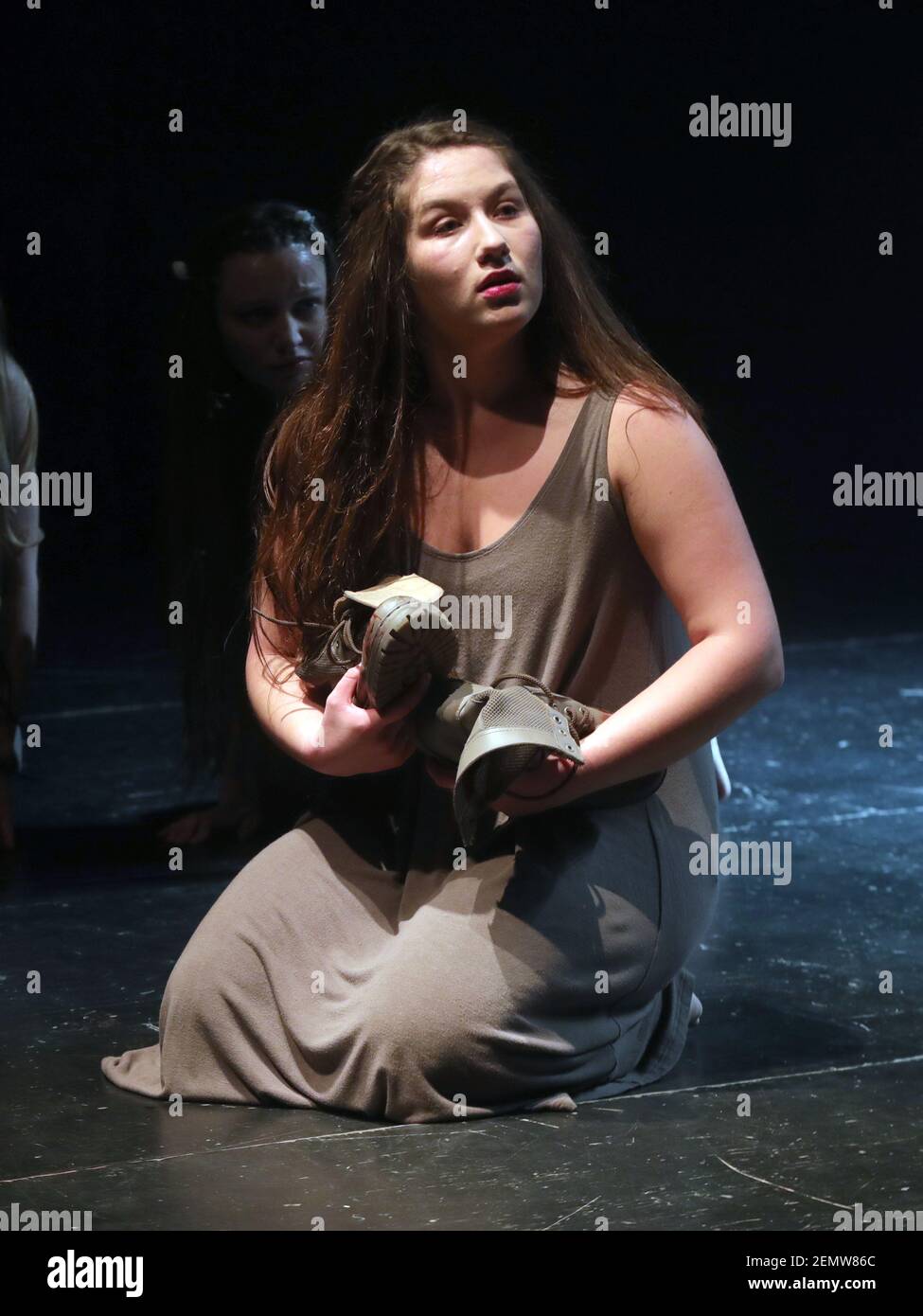 Non Exclusive: KYIV, UKRAINE - FEBRUARY 24, 2021 - An actress is seen on the stage during the dress rehearsal of the Cassandra dramatic poem by Ukrain Stock Photo
