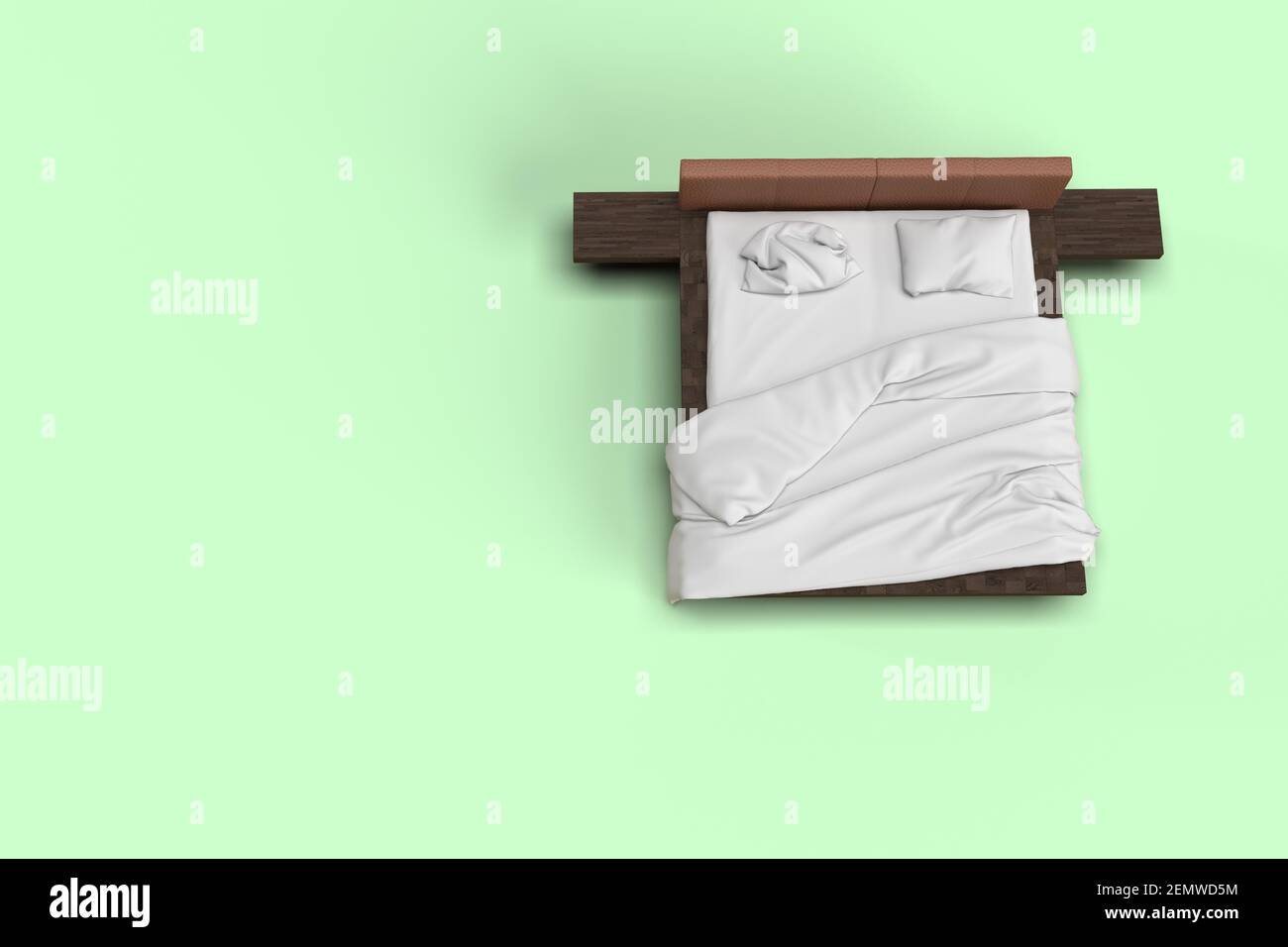 3d render top view of white bed with white pillow cover and white bed sheet and blanket for
