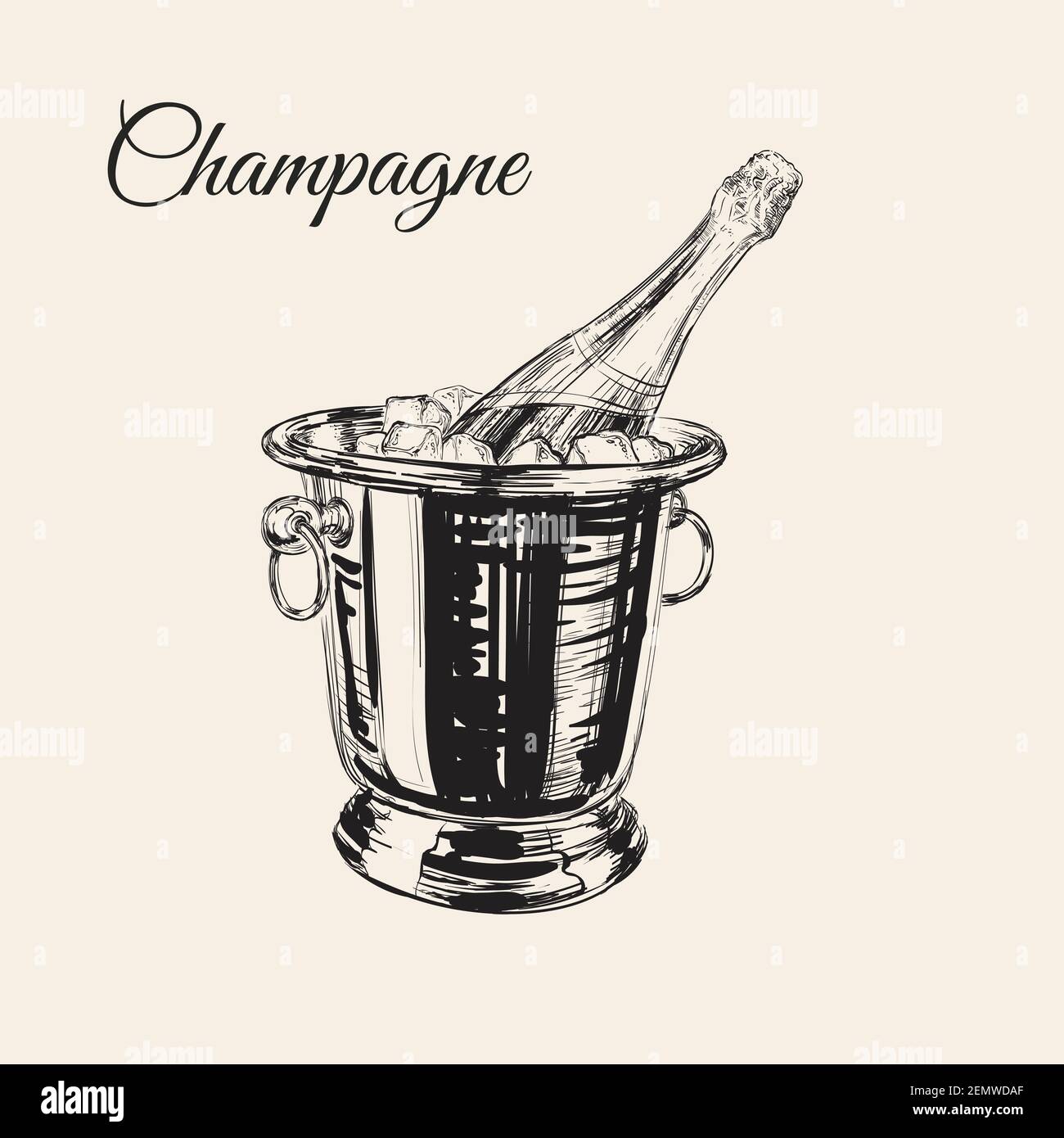 A bottle of champagne in a bucket with ice. Vector drawing by hand Stock Vector