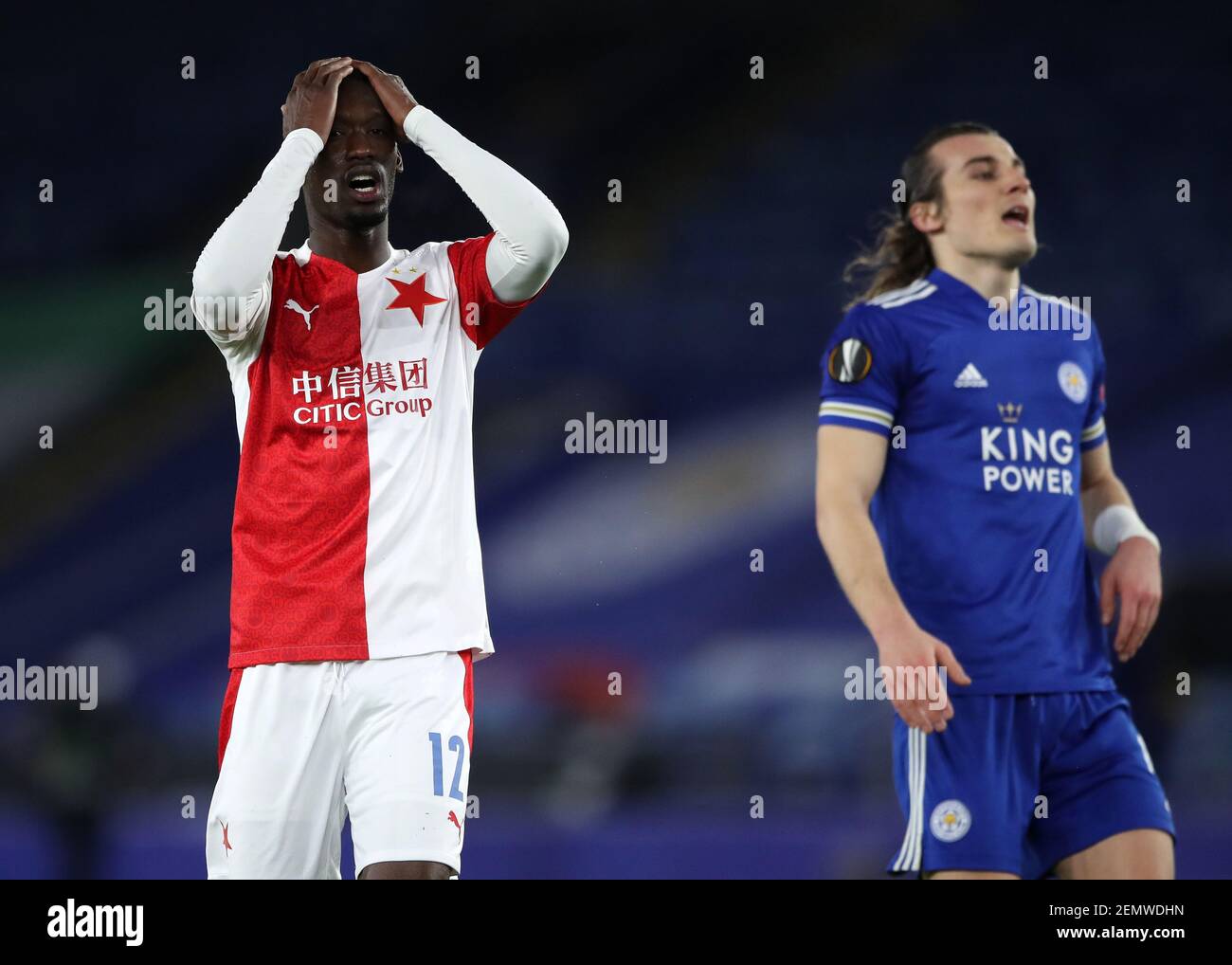 Slavia Praha's Abdallah Sima reacts to a missed chance during the UEFA Europa League match at the King Power Stadium, Leicester. Picture date: Thursday February 25, 2021. Stock Photo