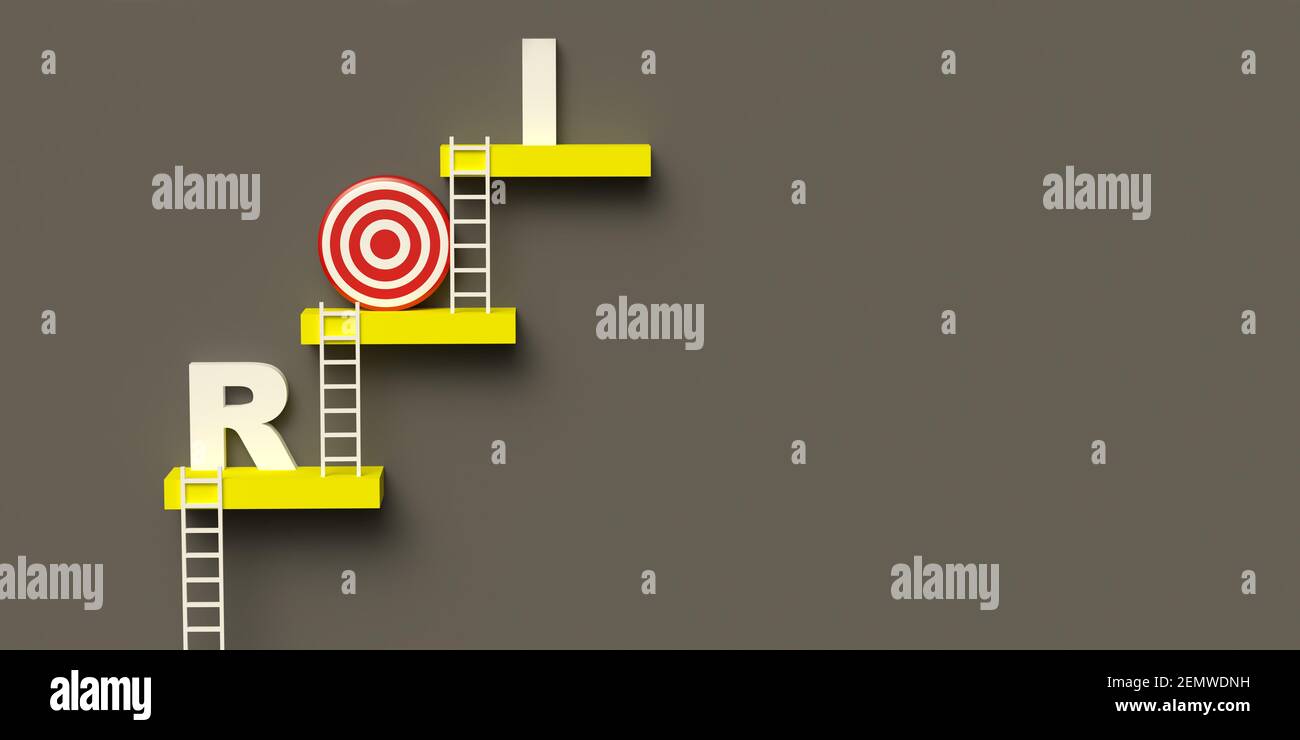 Efficient climbing ladder concept: 3D in 2021 colors. Reaching goals. Creative leadership and teamwork in finance. ROI target. Return on investment Stock Photo