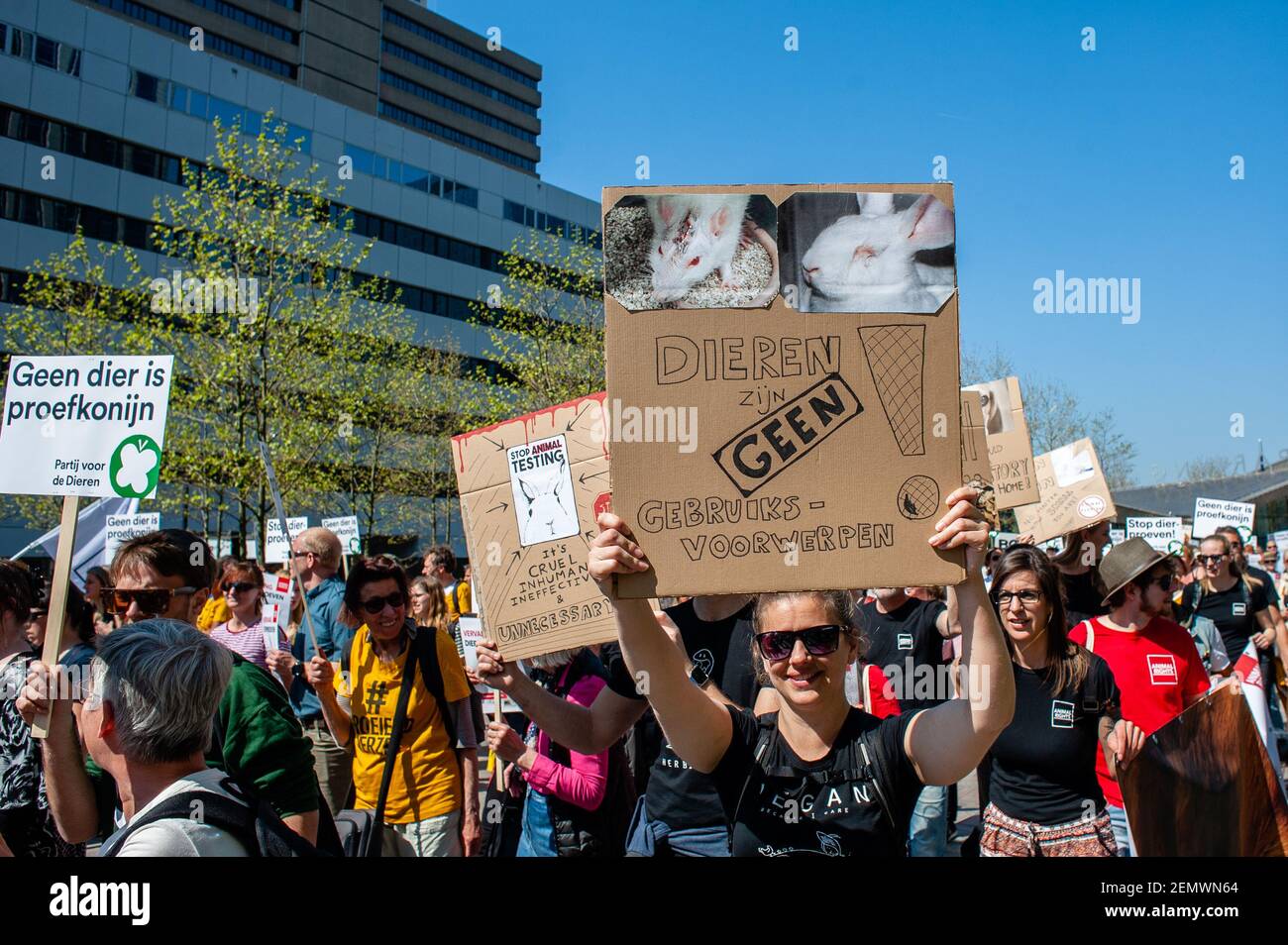 Pro animals activists are seen holding placards during the demonstration against  animal tests in Rotterdam. on April 20th, 2019. The Non-governmental  organization 'Animal Rights' organized a demonstration for the replacement  of animal