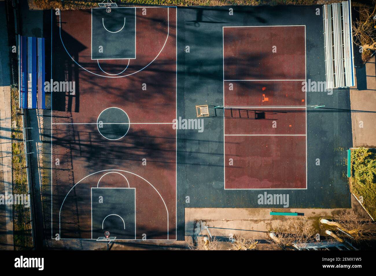 Public Basketball Court Aerial Top View. Above empty outdoor Sport court view from drone. Stock Photo