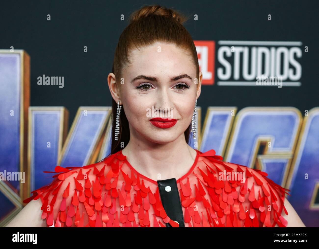 Actress Karen Gillan wearing Christopher Kane and Jimmy Choo shoes arrives at the World Premiere Of Walt Disney Studios Motion Pictures and Marvel Studios' 'Avengers: Endgame' held at the Los Angeles Convention Center on April 22, 2019 in Los Angeles, California, United States. (Photo by Xavier Collin/Image Press Agency/Sipa USA) Stock Photo