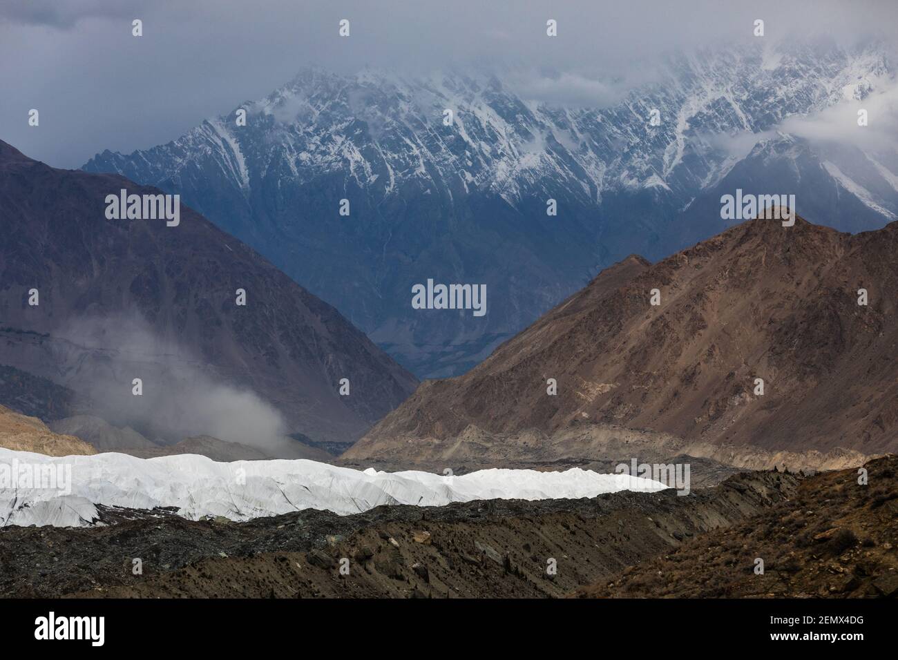 Karakoram mountain range Hoper Glacier on the way to Rush lake  Stock Photo