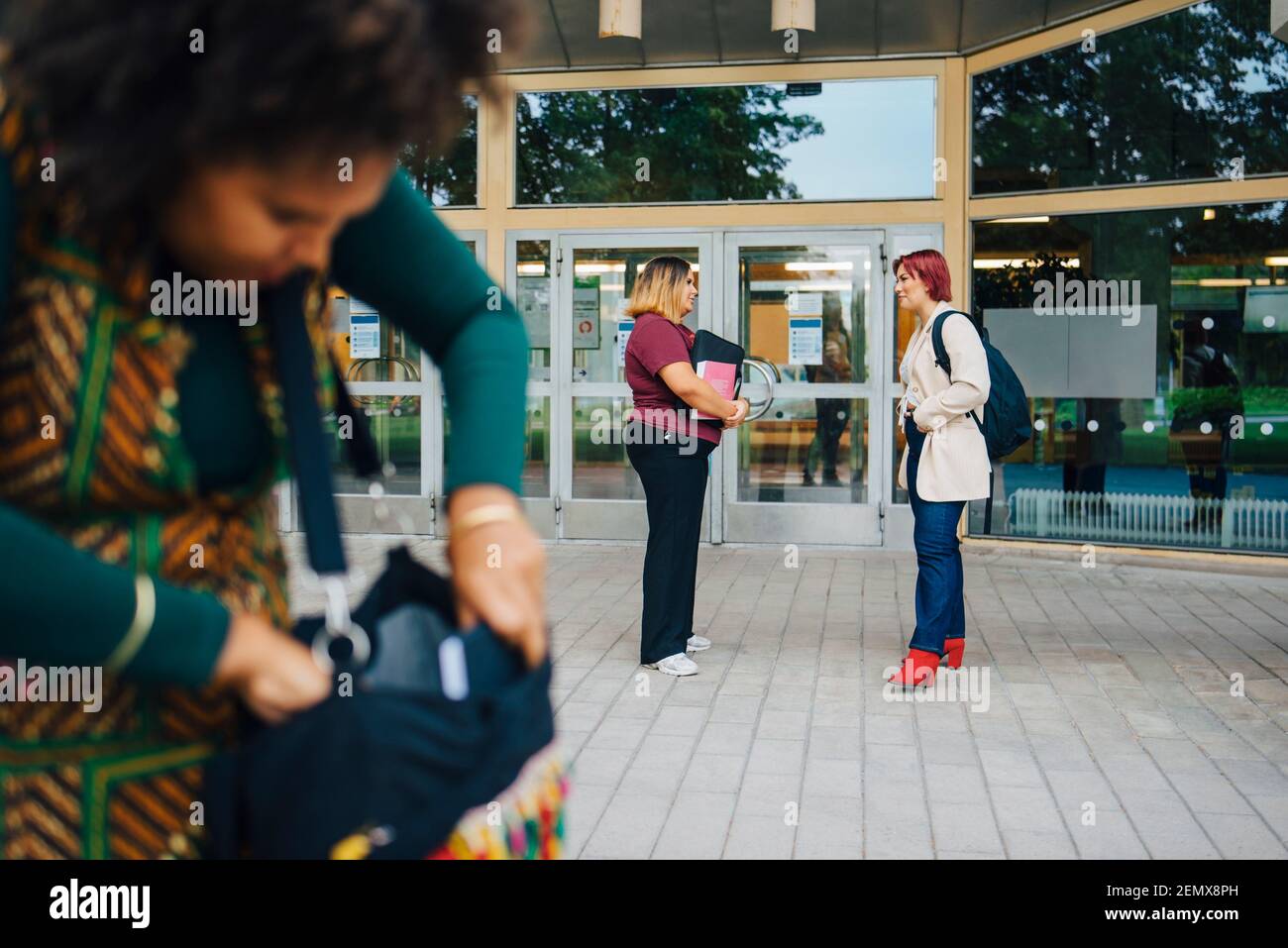 Female students talking with each other while standing at university campus Stock Photo