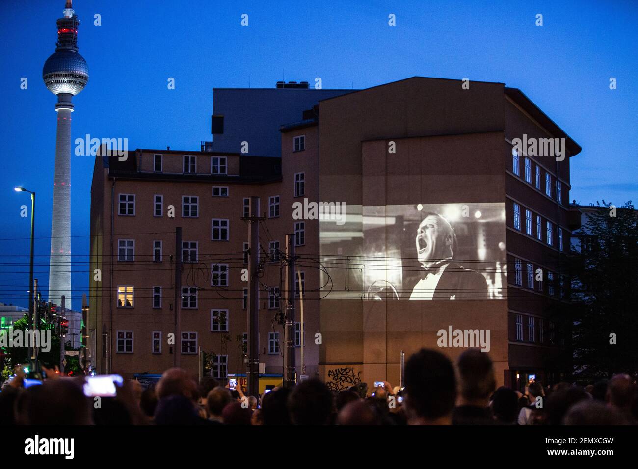 A projection of a video clip of the German rock band Rammstein is seen on a  building side in Berlin, Germany, April 25, 2019. The group will release  their new song 'RADIO'