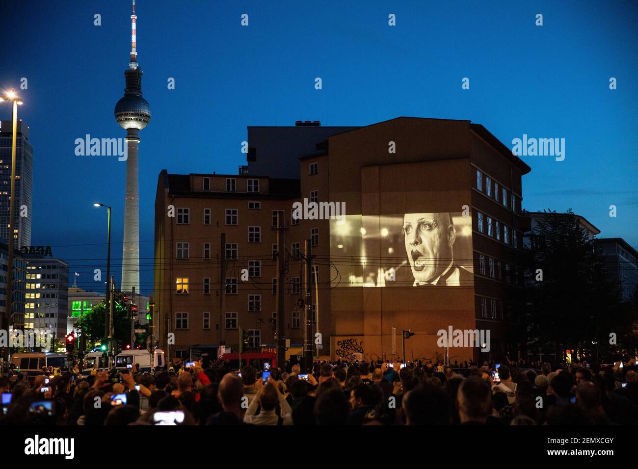 A projection of a video clip of the German rock band Rammstein is seen on a  building side in Berlin, Germany, April 25, 2019. The group will release  their new song on