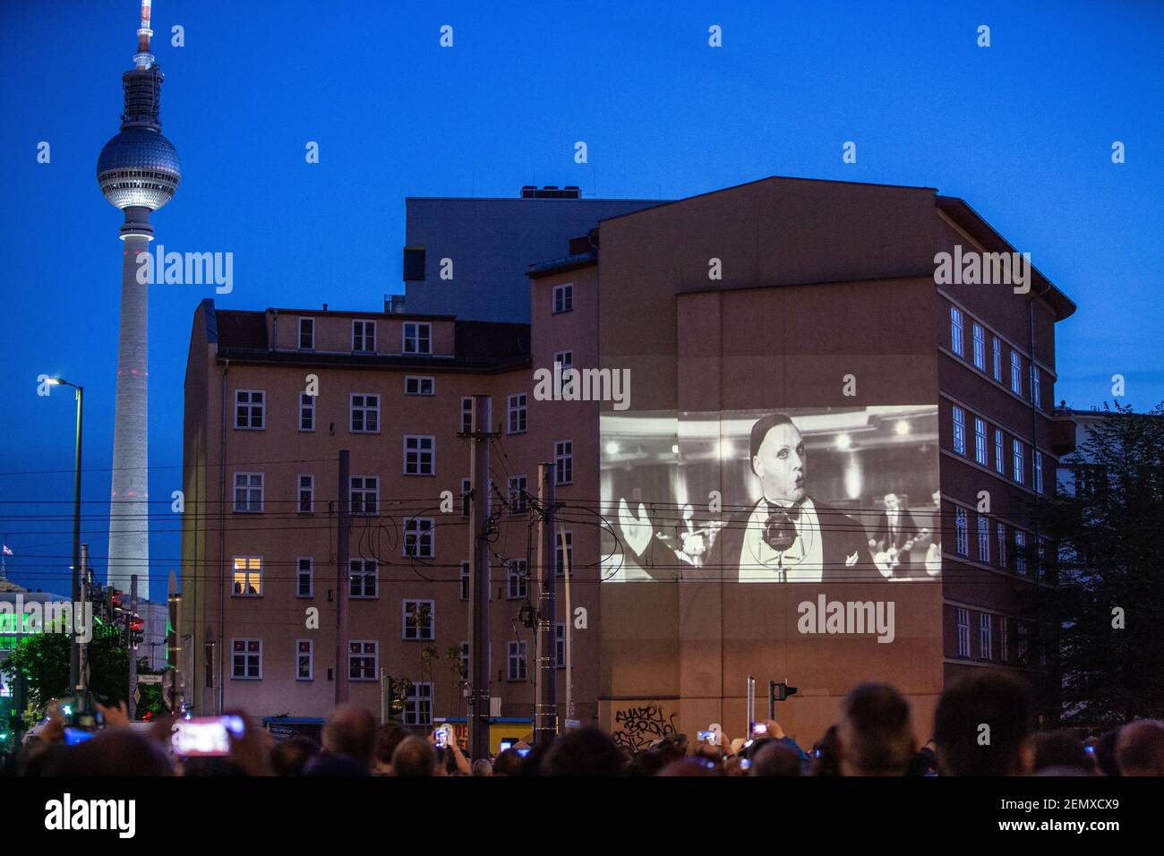 A projection of a video clip of the German rock band Rammstein is seen on a  building side in Berlin, Germany, April 25, 2019. The group will release  their new song 'RADIO'