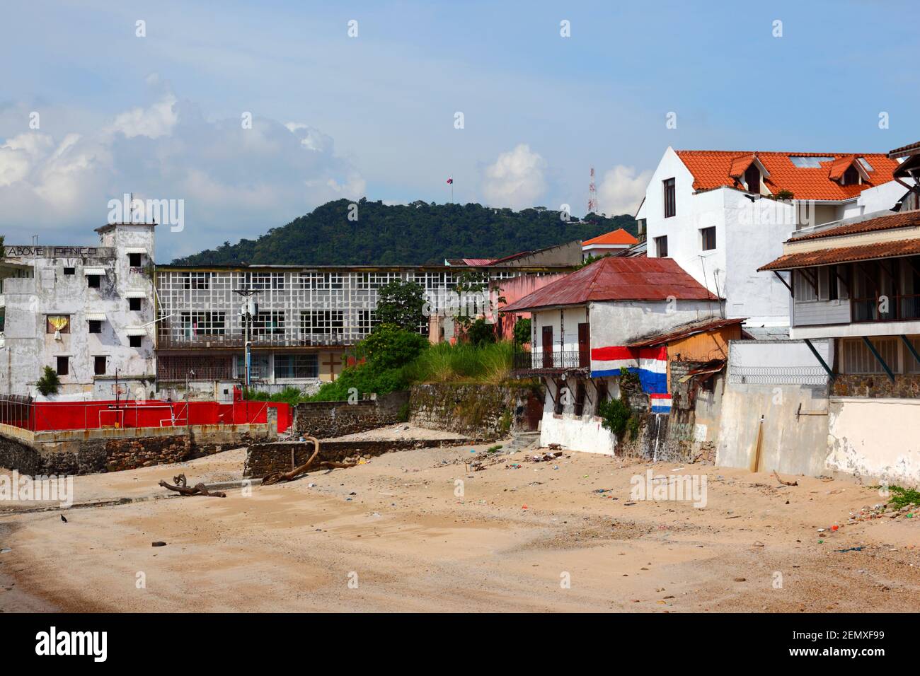 View of El Chorrillo neighbourhood and Cerro Ancon from beach in Casco Viejo, Panama City, Panama Stock Photo