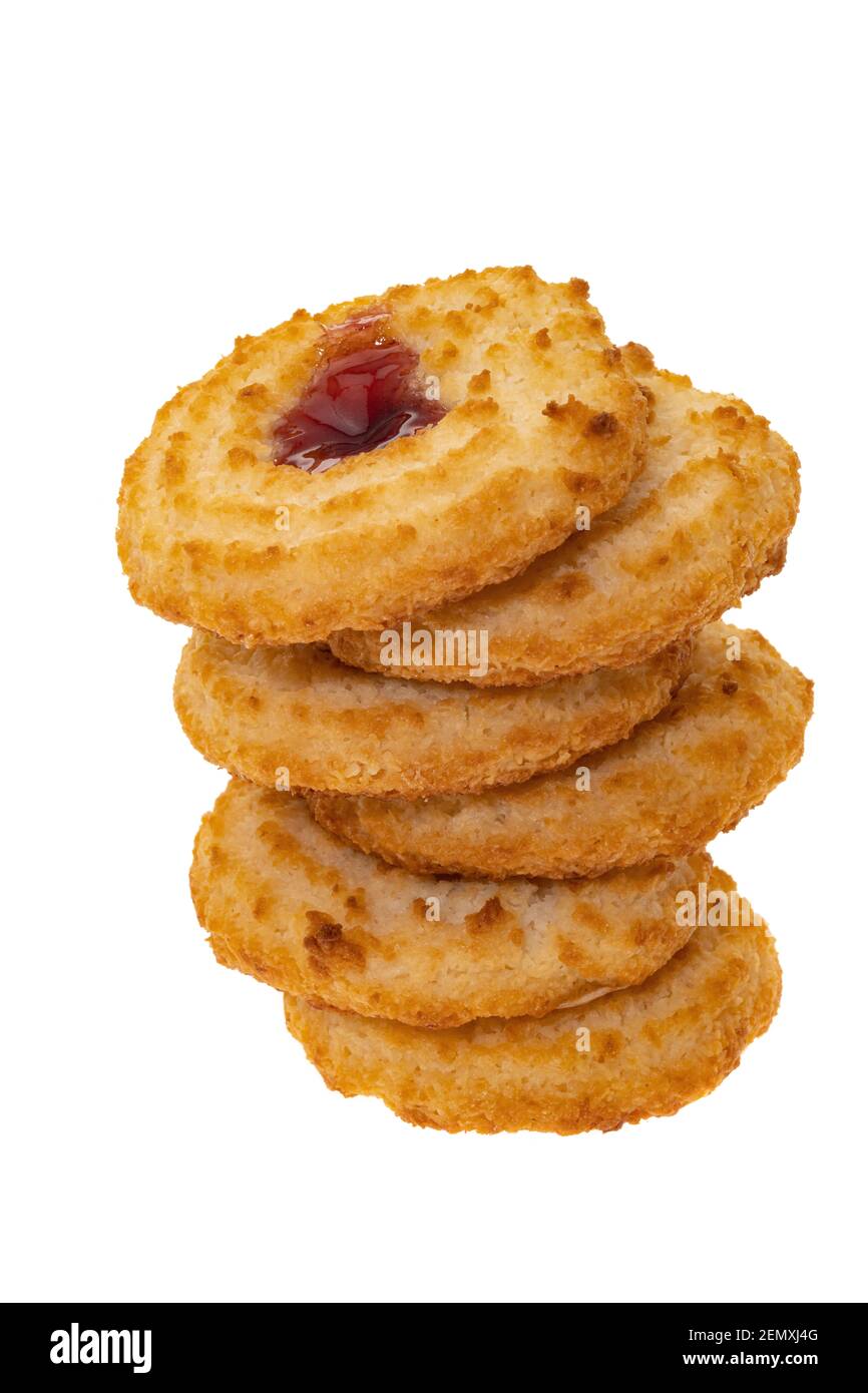 Coconut macaroons with a strawberry sauce filling - white background Stock Photo
