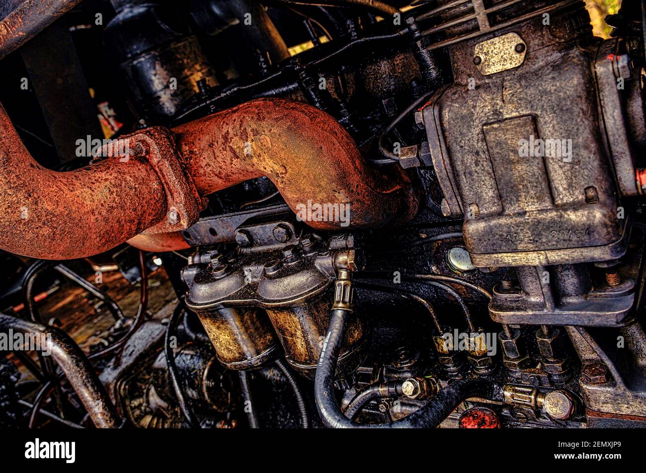 Detail of a dirty diesel engine, close view Stock Photo Alamy