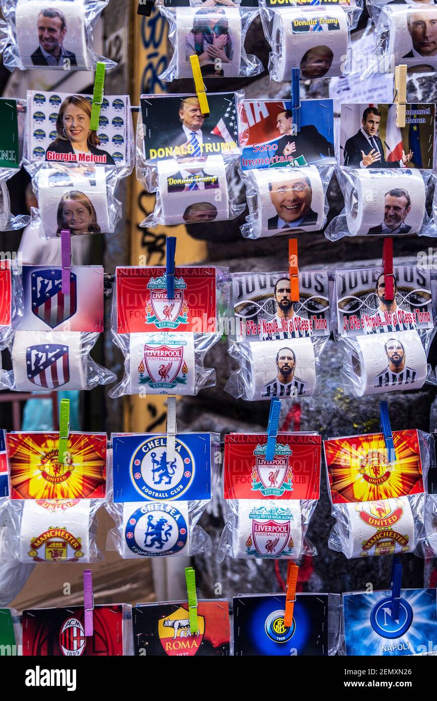 Naples, Italy September 9, 2019 Toilet paper with famous faces and football teams in a