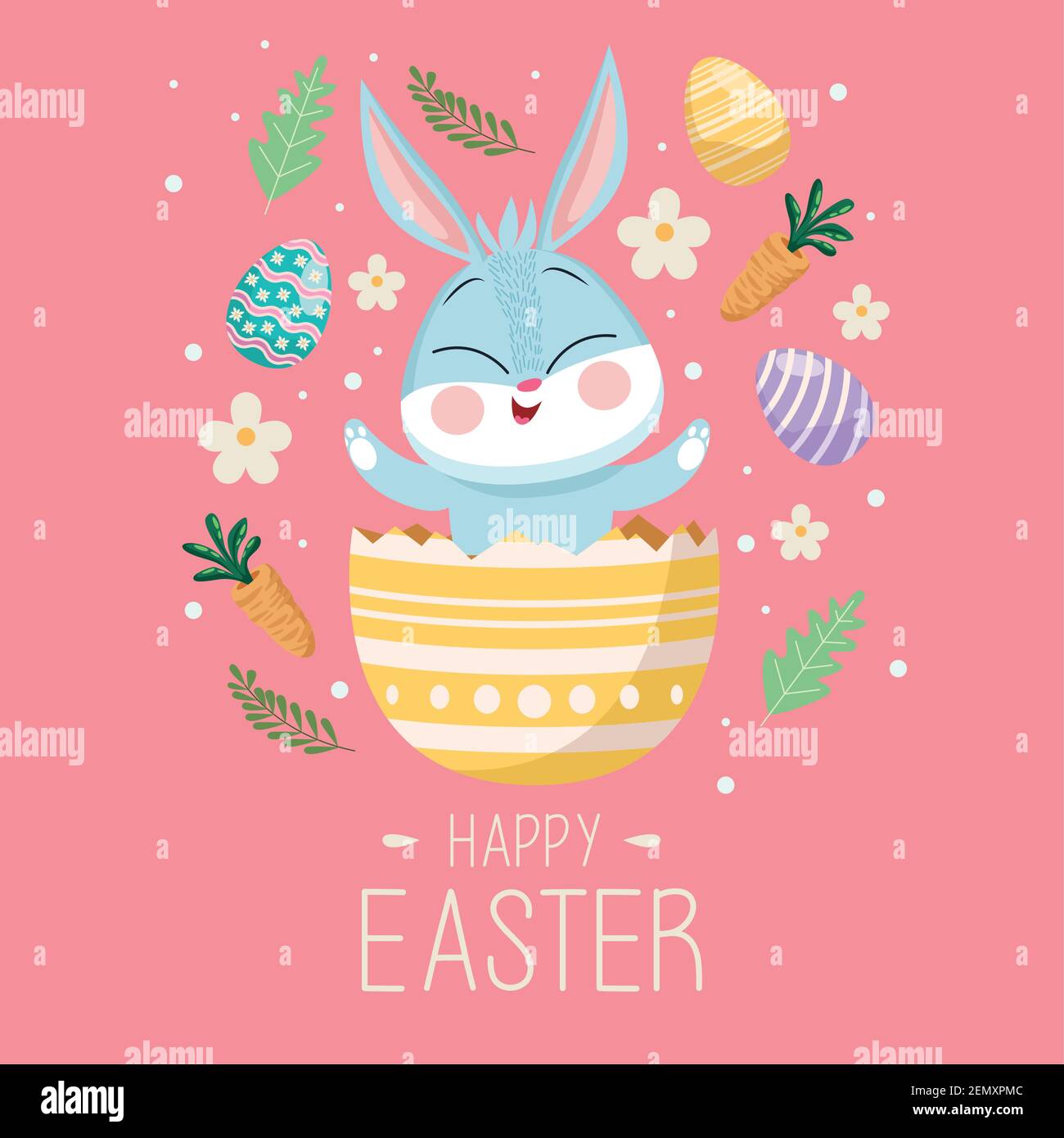 happy easter lettering card with cute rabbit in egg painted vector ...