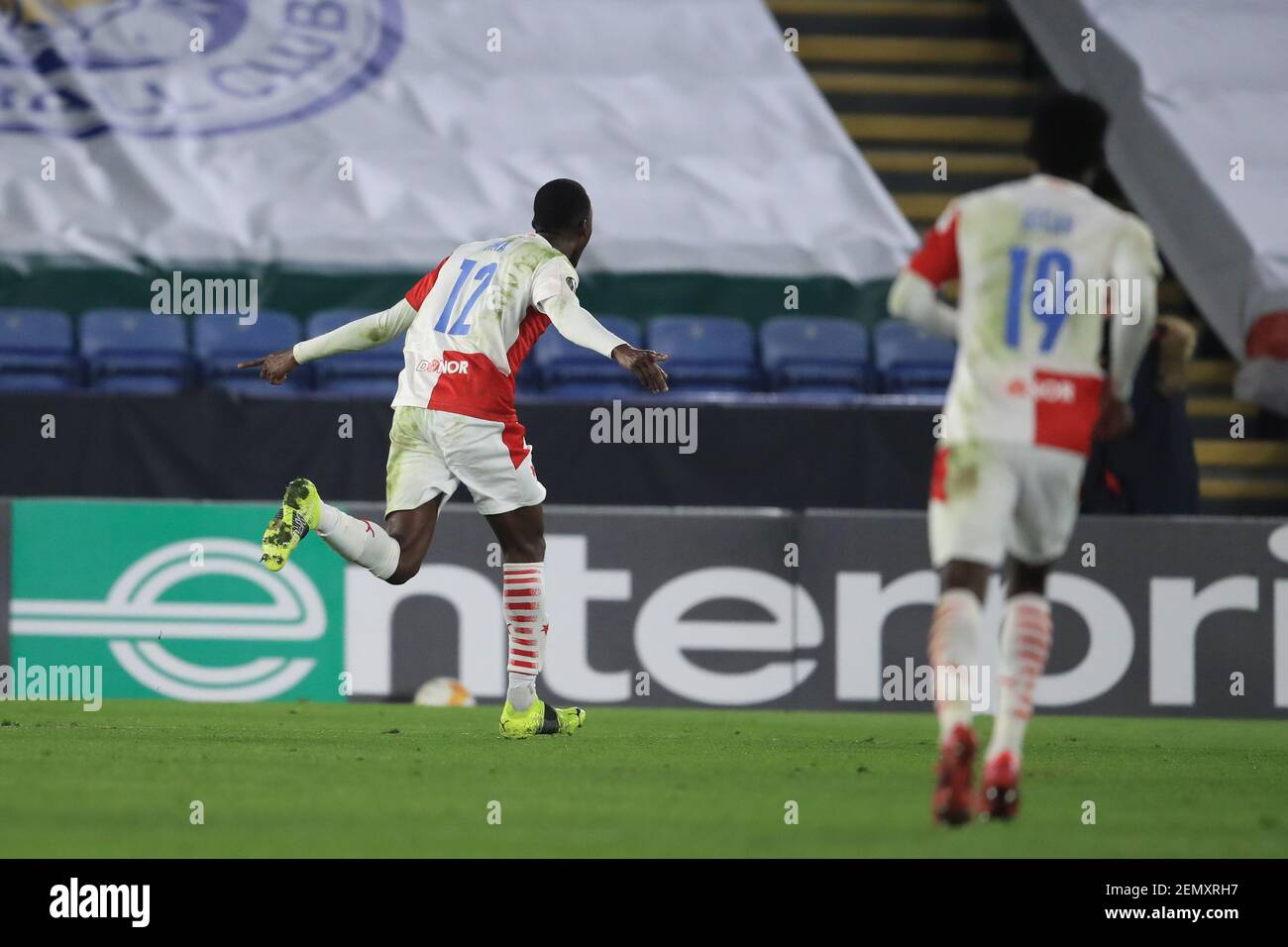 Leicester, UK. 25th Feb, 2021: Abdallah Sima (12) of Slavia Prague celebrates making it 0-2 in, on 2/25/2021. (Photo by Mark Cosgrove/News Images/Sipa USA) Credit: Sipa USA/Alamy Live News Stock Photo