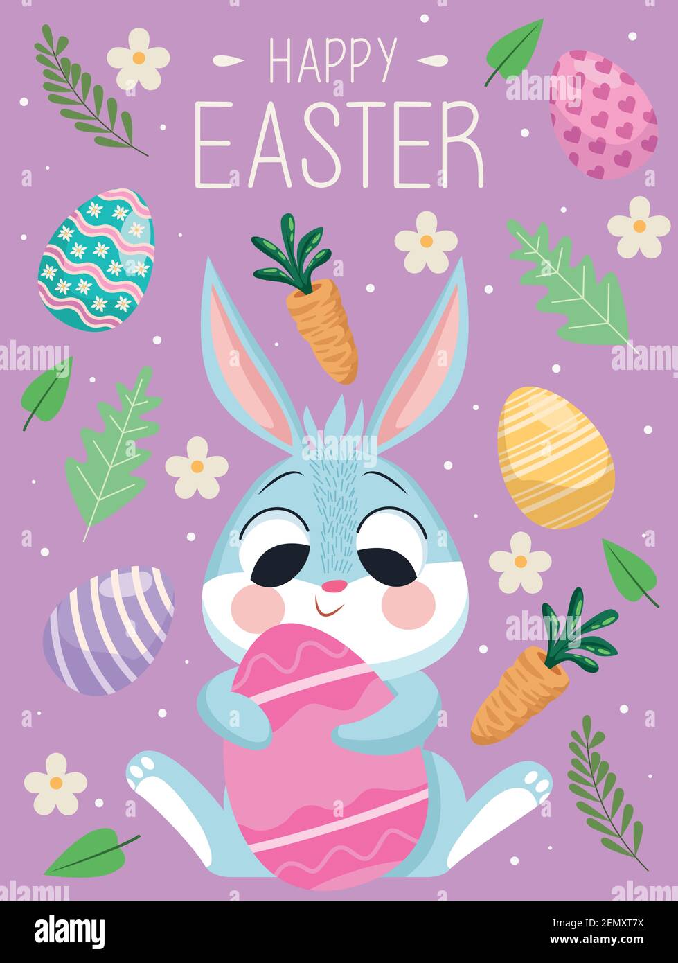 happy easter lettering card with cute rabbit hugging egg vector ...