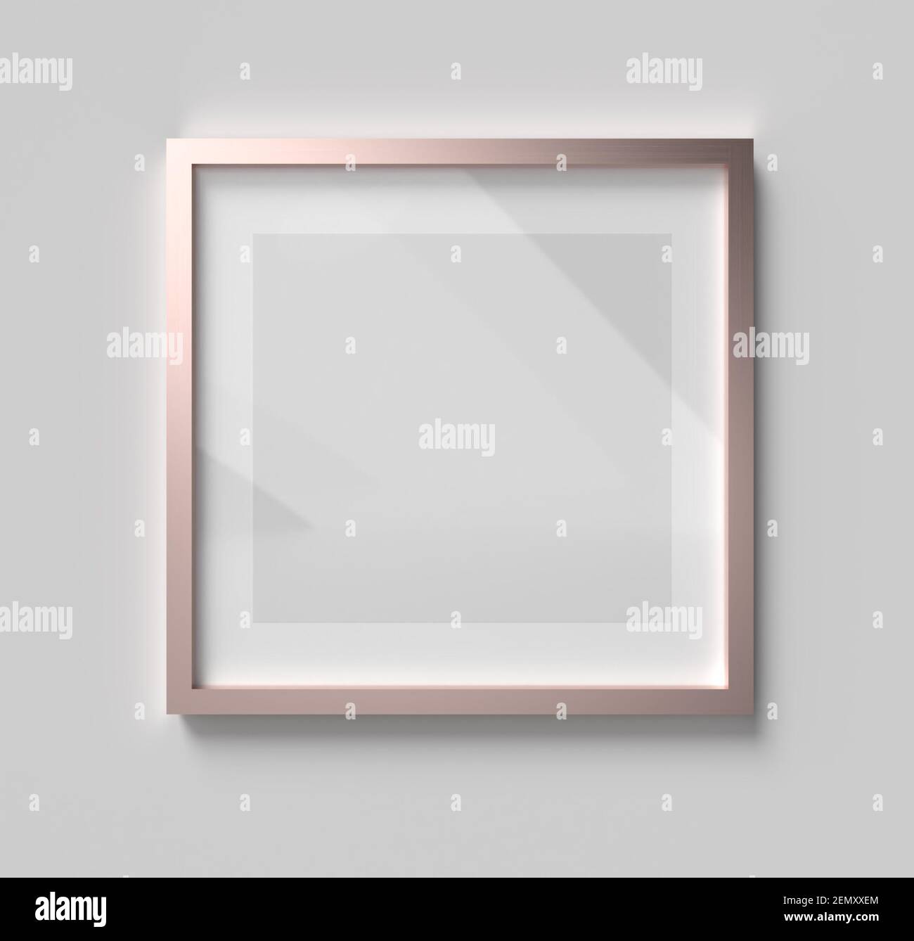 3D Render mockup of one square rose gold empty frame with white paper
