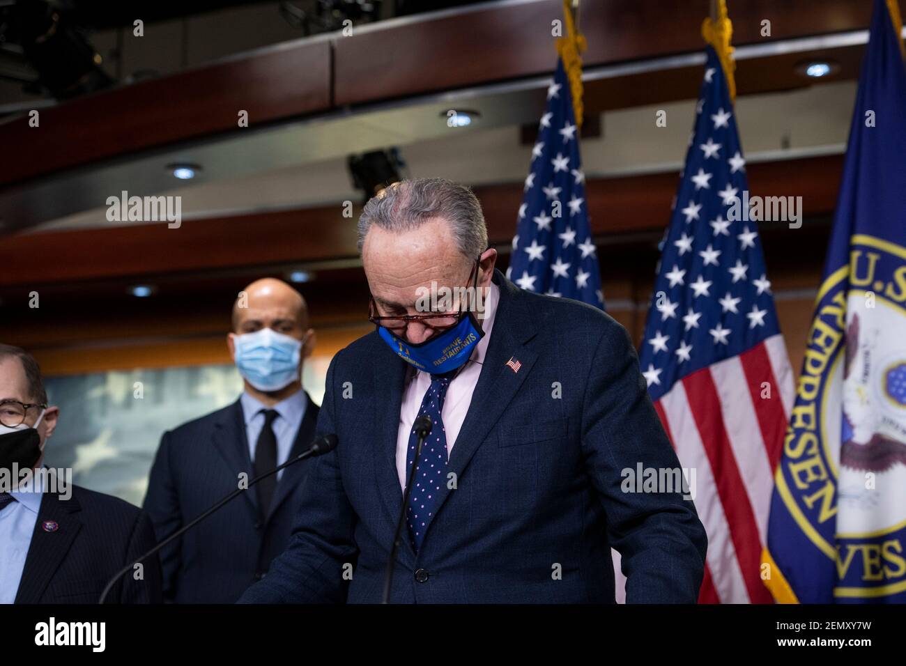 Washington, United States Of America. 25th Feb, 2021. United States Senate Majority Leader Chuck Schumer (Democrat of New York) is joined by Bicameral Democratic Leaders for a press conference ahead of House passage of H.R. 5 - the Equality Act, at the U.S. Capitol in Washington, DC, Thursday, February 25, 2021. Credit: Rod Lamkey/CNP | usage worldwide Credit: dpa/Alamy Live News Stock Photo