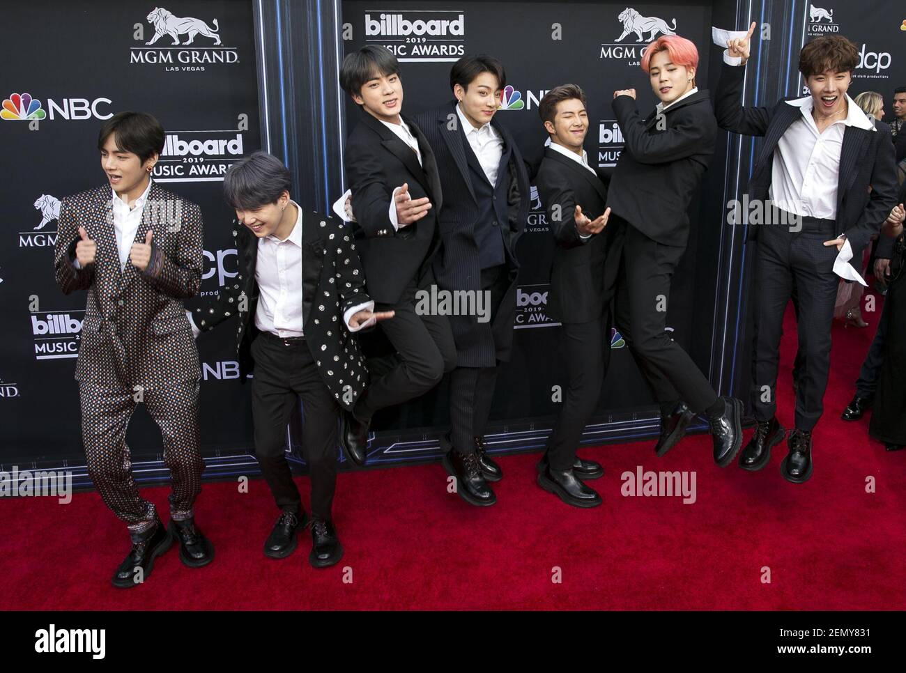 South Korean boy band BTS arrive at the 2019 Billboard Music Awards Red