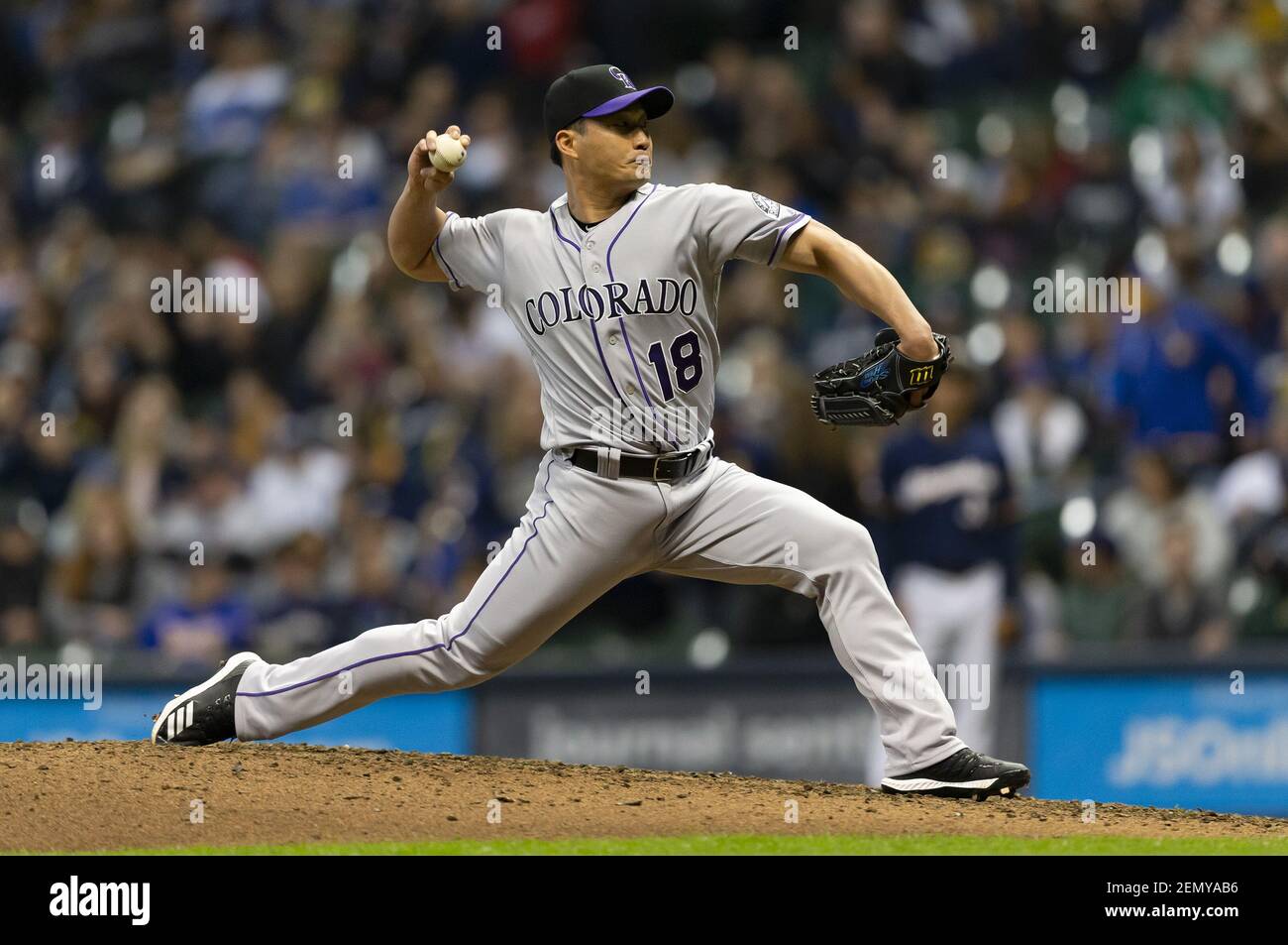 May 1, 2019: Colorado Rockies relief pitcher Seunghwan Oh #18 delivers a  pitch during the Major League Baseball game between the Milwaukee Brewers  and the Colorado Rockies at Miller Park in Milwaukee,