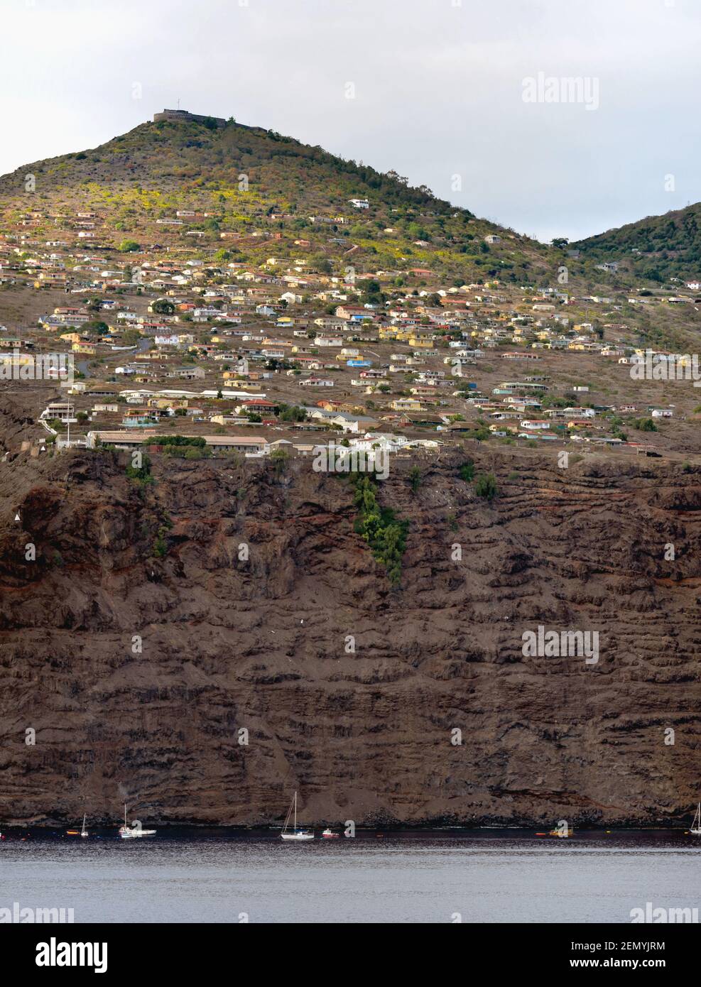 Village at the Edge of a Cliff on Saint Helena Island Stock Photo