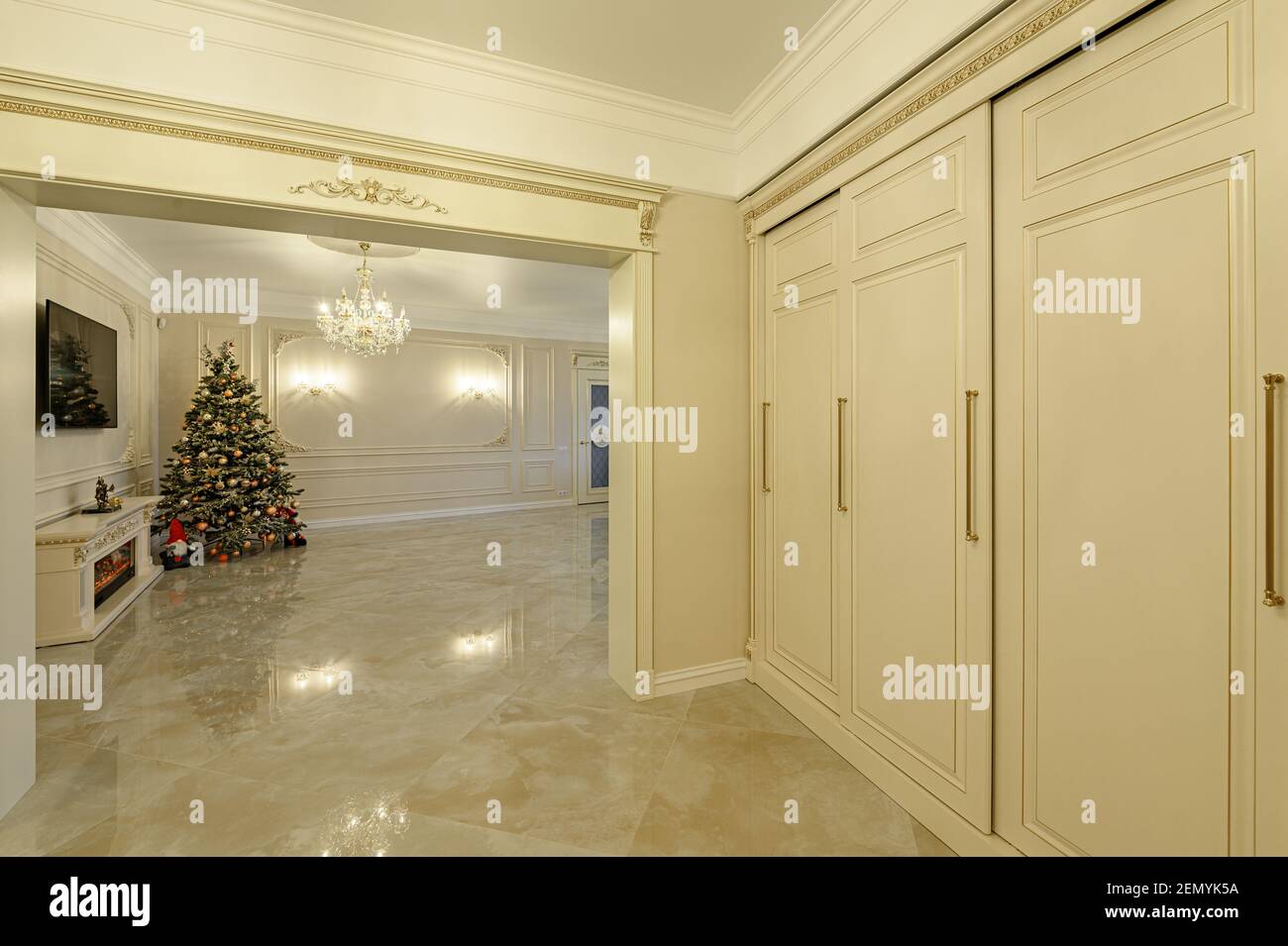 View of Modern luxury apartment interior with living room and entrance hall ...