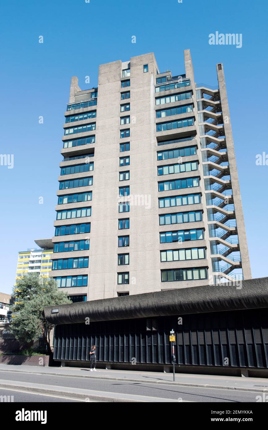 Blake Tower former YMCA Building now luxury flats or apartments a tower block at 2 Fann Street overlooking Aldersgate Street, Barbican, City of London Stock Photo