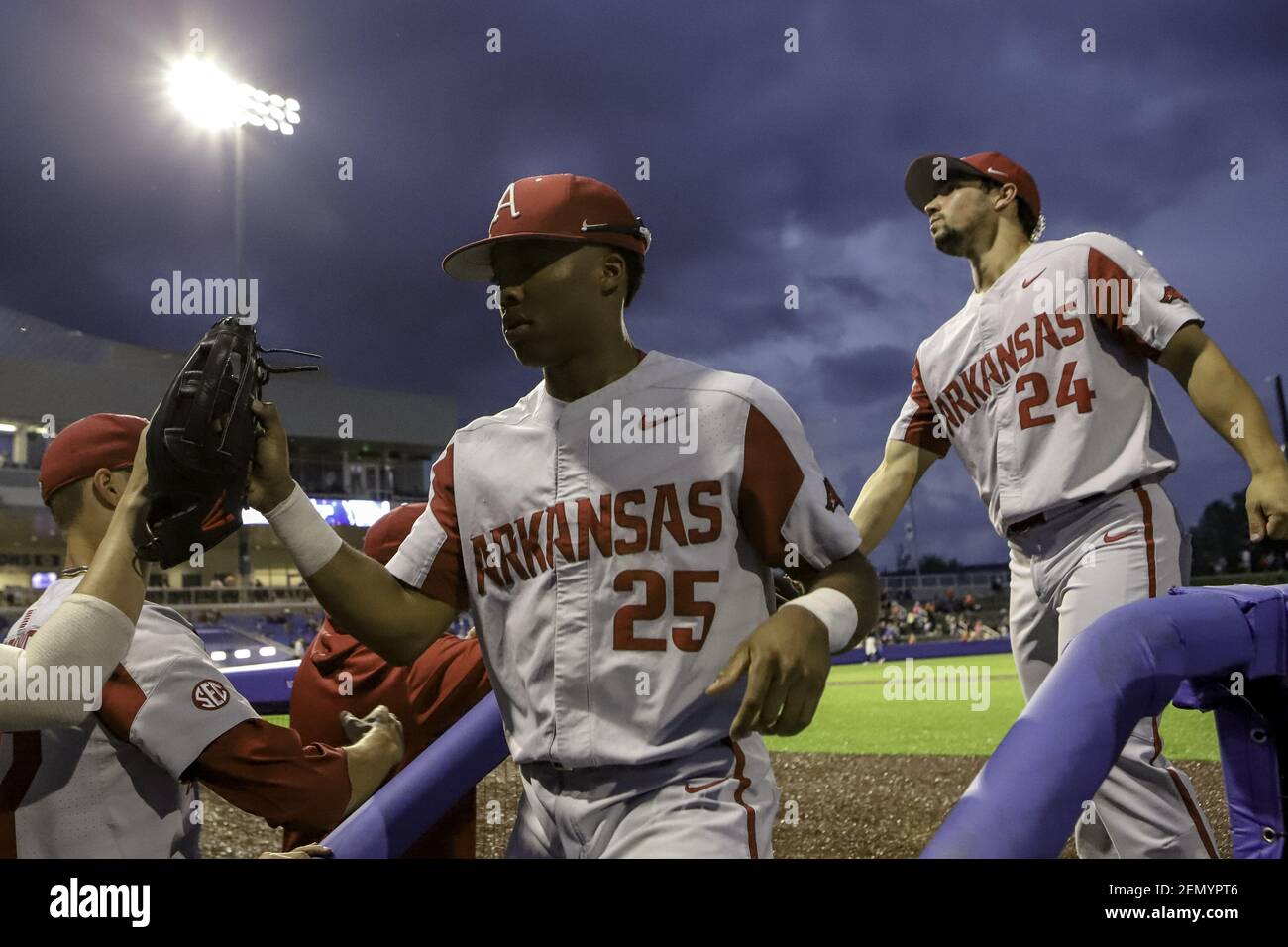 May 3, 2019: Arkansas' Dominic Fletcher (24) and Christian Franklin (25) get high fives from teammates during a game between the Kentucky Wildcats and the Arkansas Razorbacks at Kentucky Pride Park in Lexington, KY. Kevin Schultz/(Photo by Kevin Schultz/CSM/Sipa USA) Stock Photo