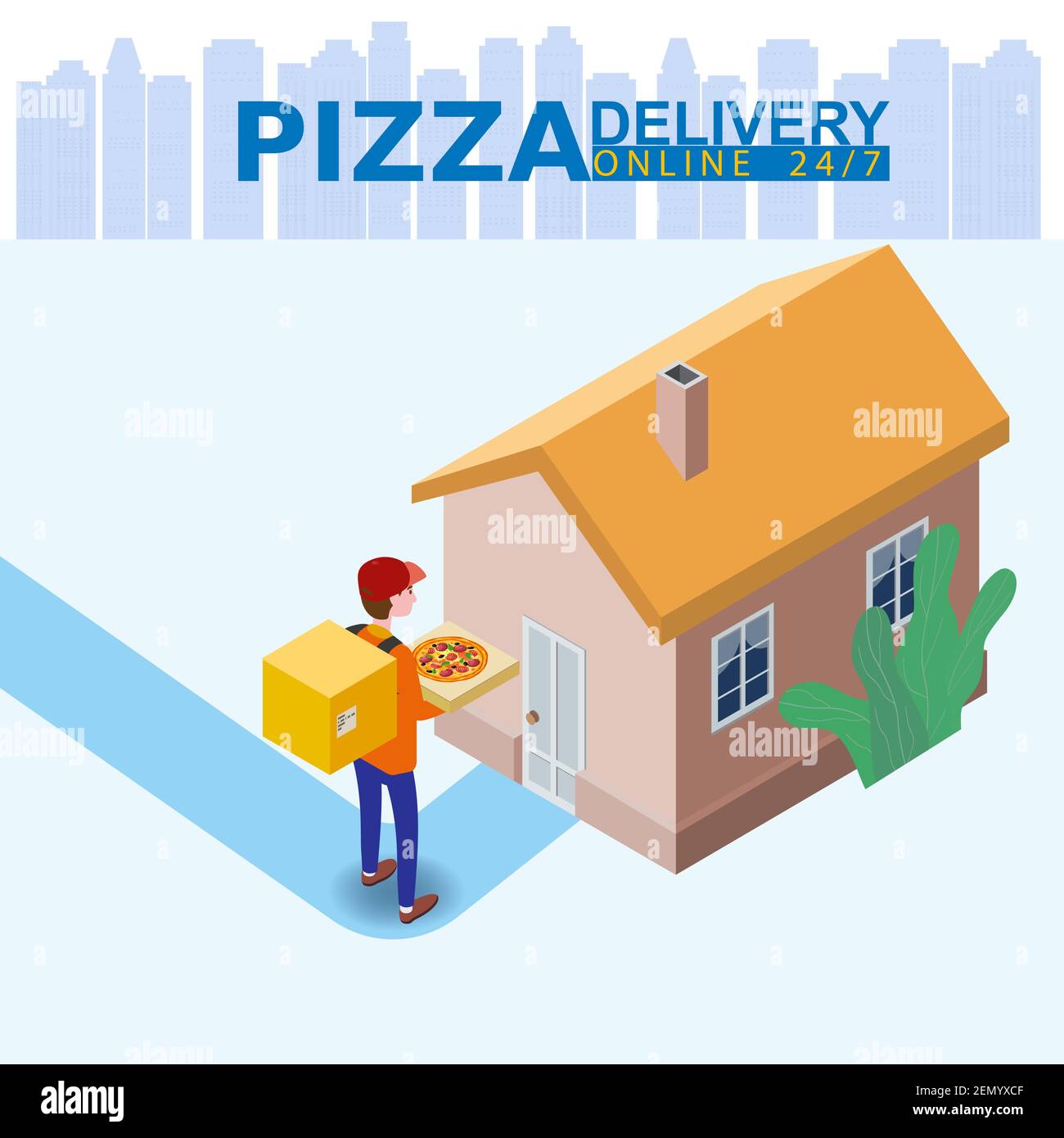 Pizza Delivery Service Isometric concept. Courier with pizza box ...