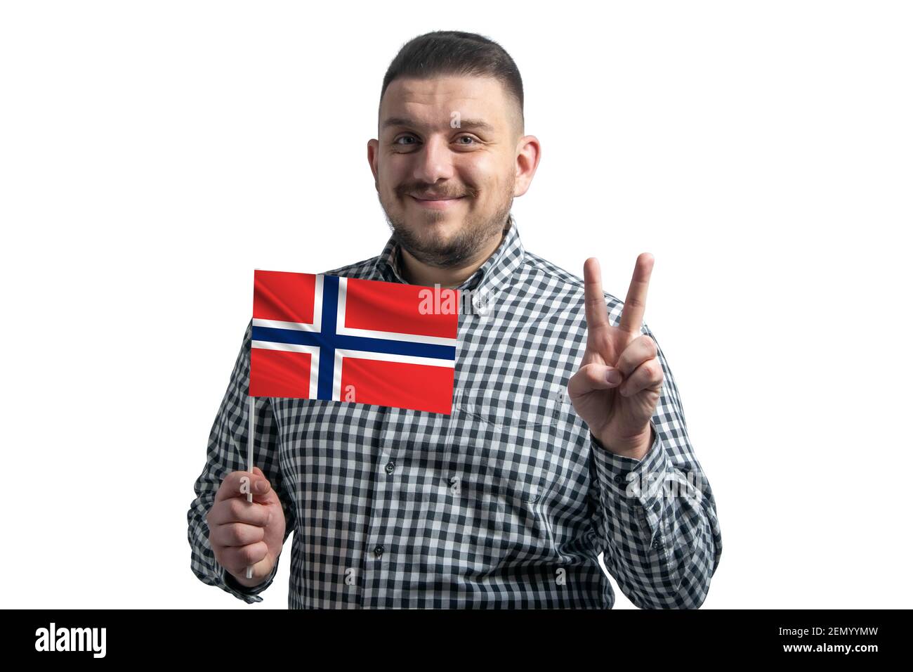 White guy holding a flag of Norway and shows two fingers isolated on a ...