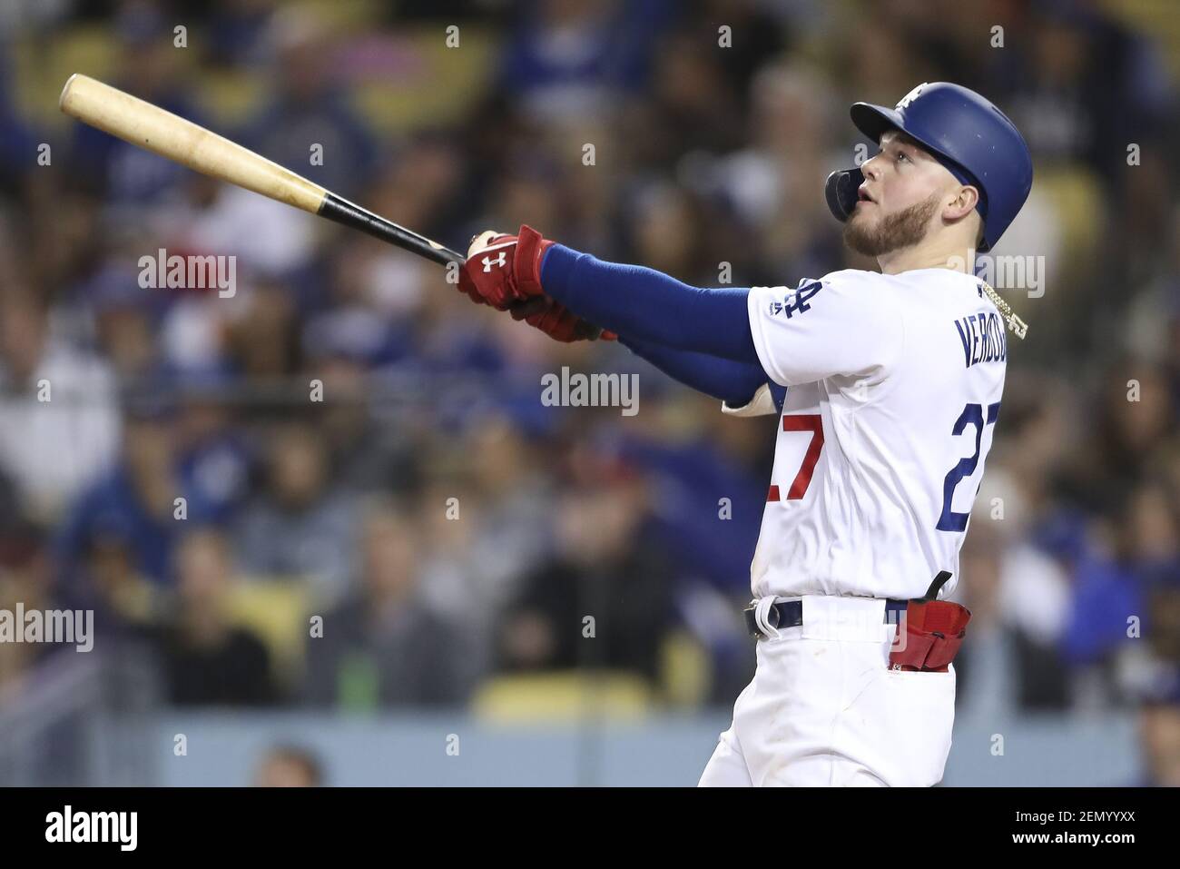 May 7, 2019: Los Angeles Dodgers center fielder Alex Verdugo (27) watches his deep fly to center field during the game between the Atlanta Braves and the Los Angeles Dodgers at Dodger Stadium in Los Angeles, CA. (Photo by Peter Joneleit)(Credit Image: © Peter Joneleit/CSM/Sipa USA) Stock Photo